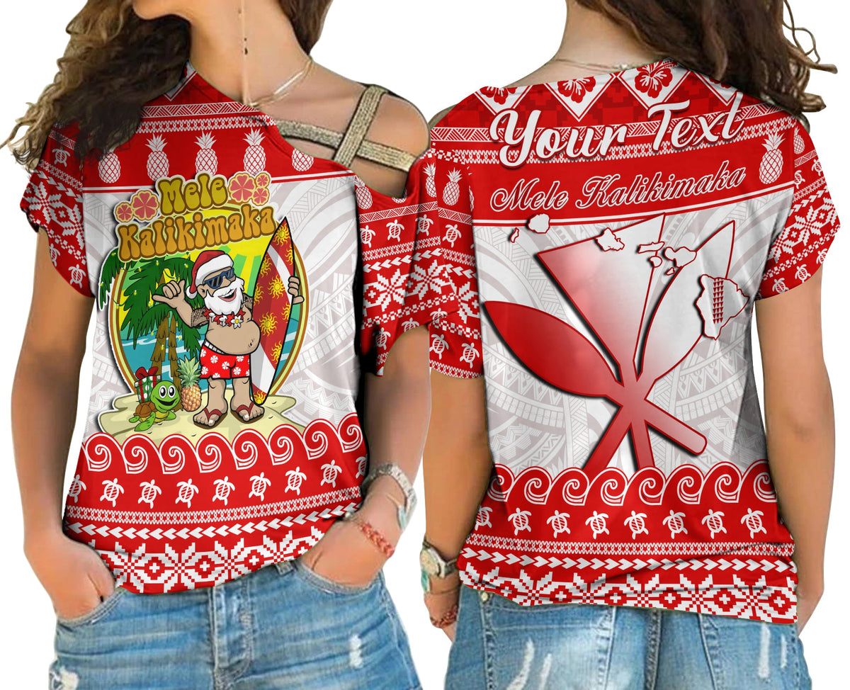 Custom Personalised Hawaii Christmas Cross Shoulder Shirt Kanaka Polynesian Santa Claus Mele Kalikimaka LT14 Female Red - Polynesian Pride