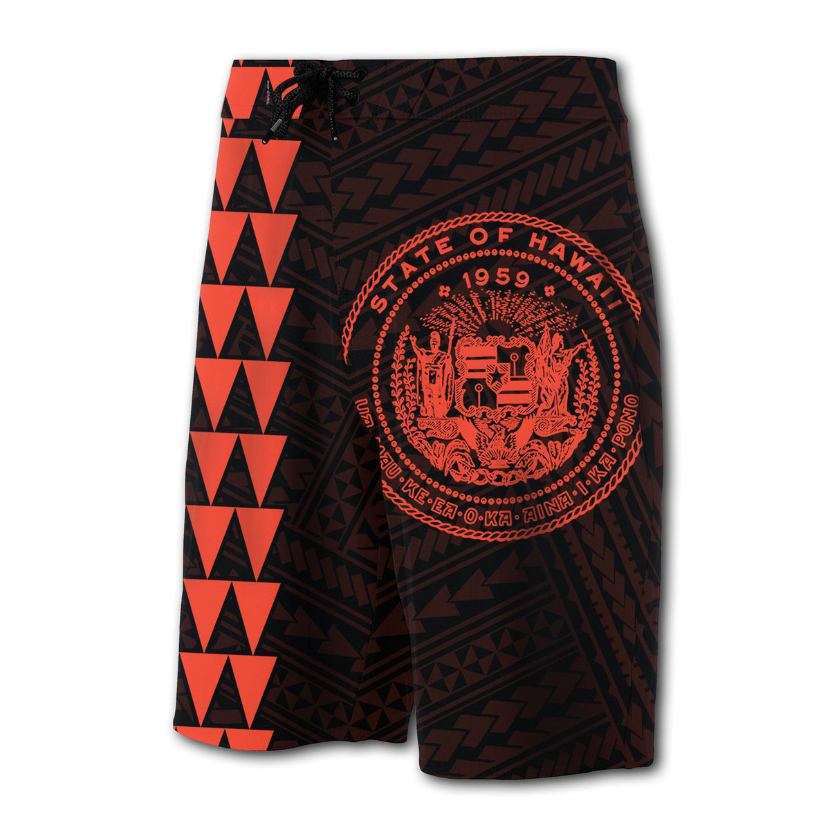 Hawaii Kakau Polynesian Coat Of Arms Board Shorts - Orange - Polynesian Pride