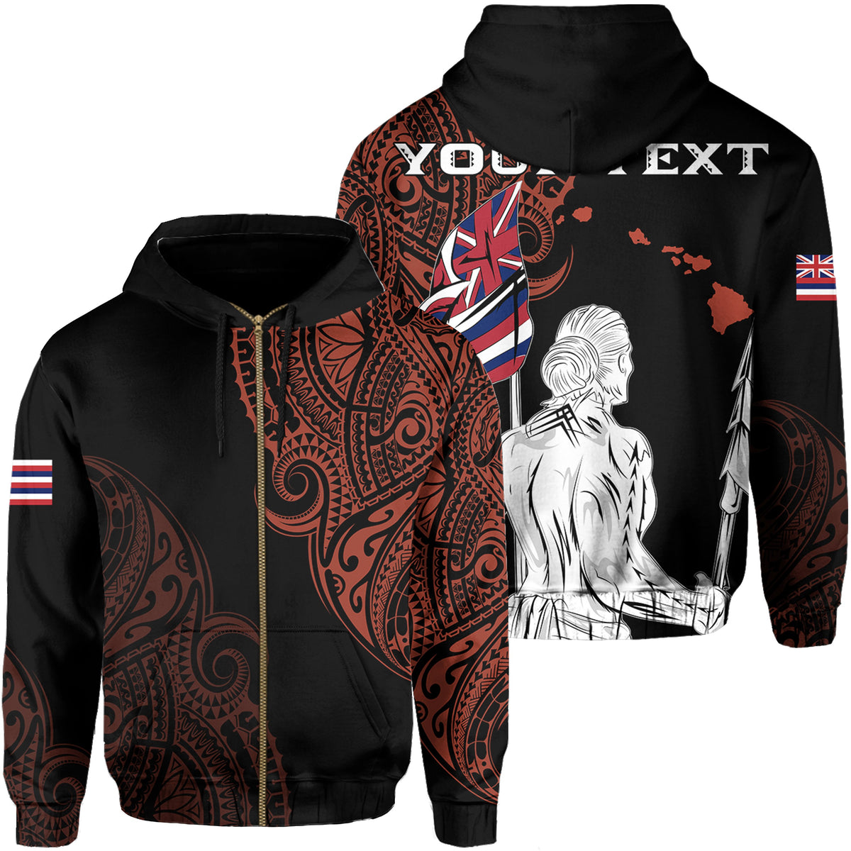 Personalized Hawaii Map Polynesian Warrior Ikaika Hoodie Zip William Style Orange Unisex Black - Polynesian Pride