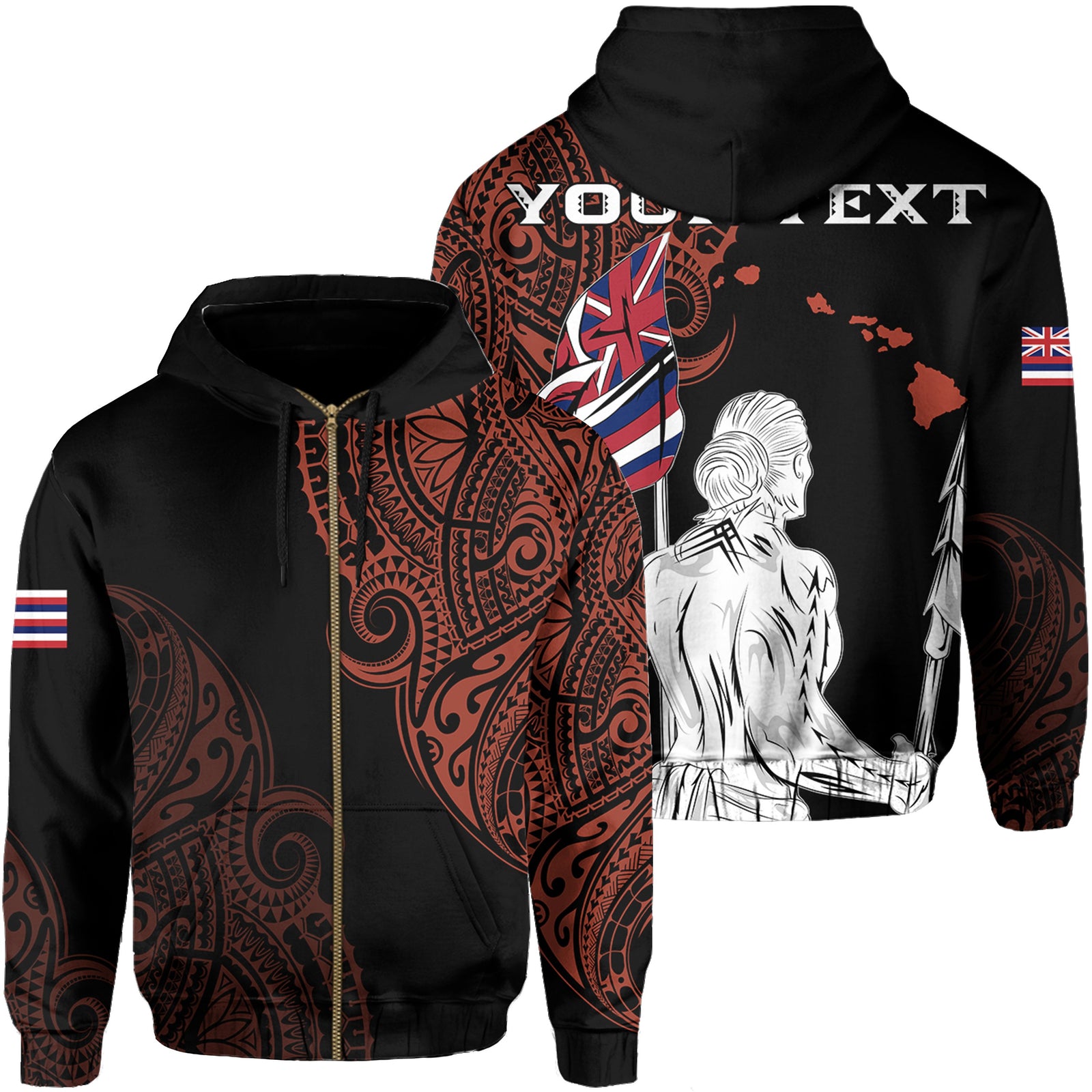 Personalized Hawaii Map Polynesian Warrior Ikaika Hoodie Zip William Style Orange Unisex Black - Polynesian Pride