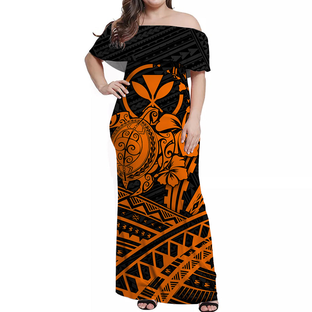 Hawaii Turtle With Hibiscus Tribal Off Shoulder Dress Orange - LT12 Long Dress Orange - Polynesian Pride