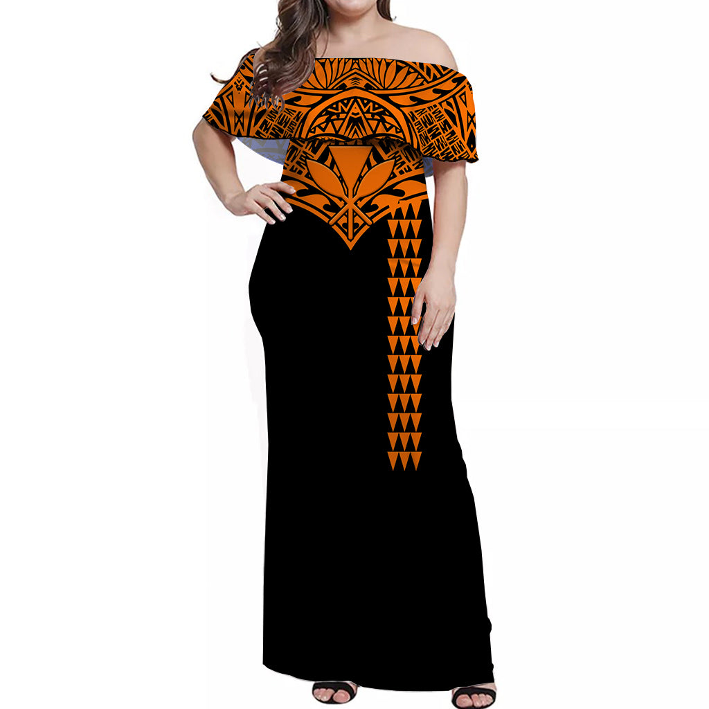 Hawaii Polynesian Tribal Off Shoulder Dress Orange - LT12 Long Dress Orange - Polynesian Pride