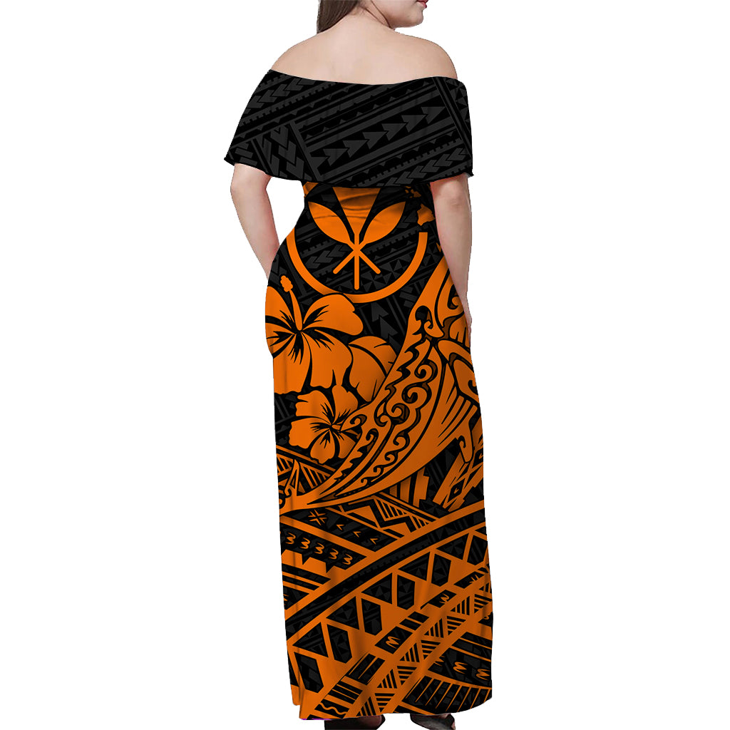 Hawaii Humpback Whale With Hibiscus Tribal Off Shoulder Dress Orange - LT12 - Polynesian Pride
