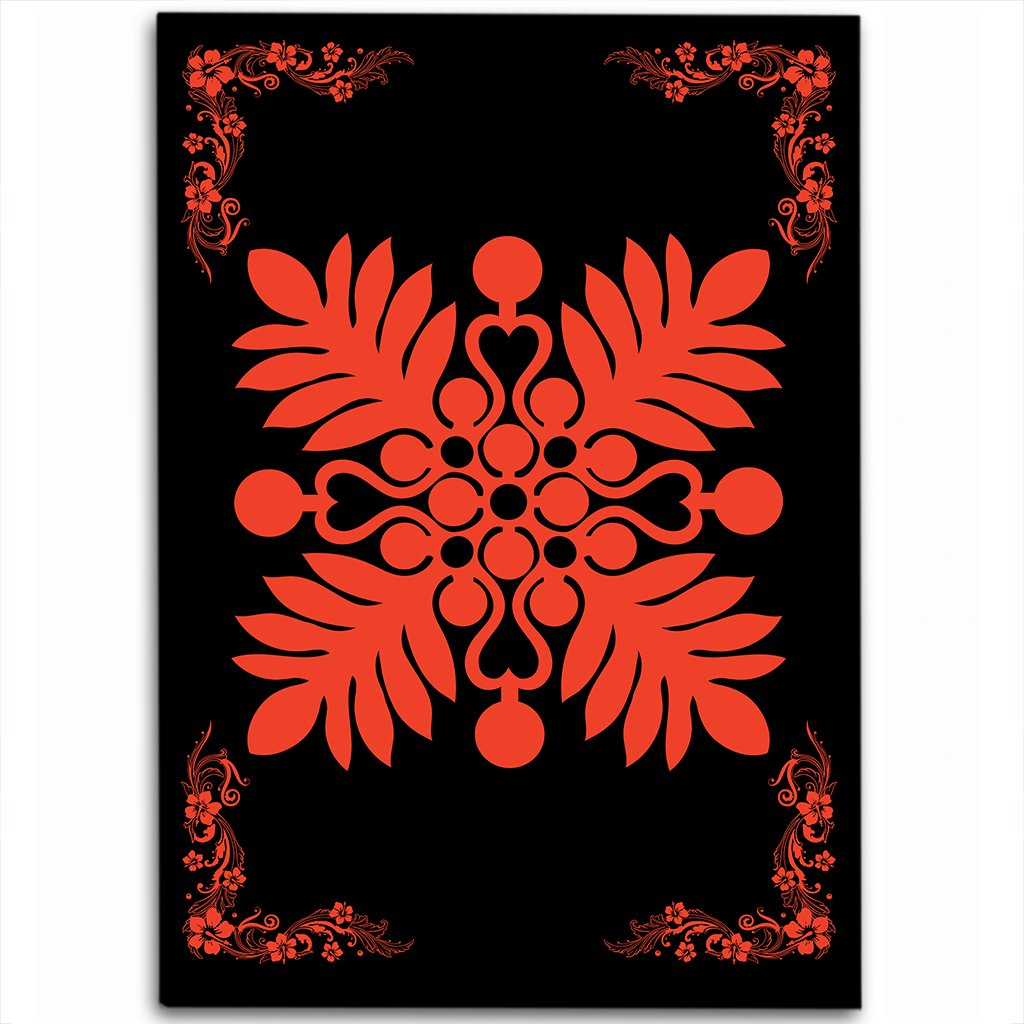 Hawaiian Quilt Maui Plant And Hibiscus Pattern Area Rug - Orange Black - AH Orange - Polynesian Pride