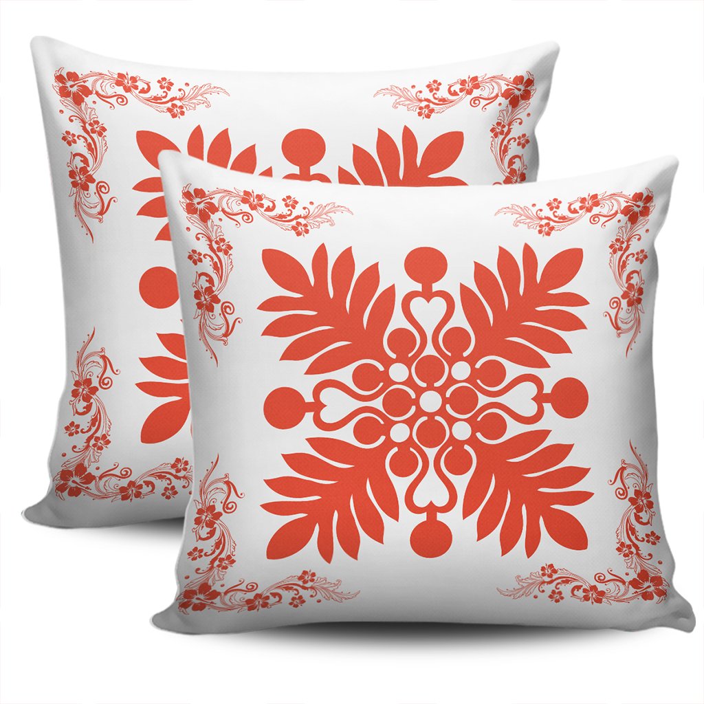 Hawaiian Quilt Maui Plant And Hibiscus Pattern Pillow Covers - Orange White - AH - Polynesian Pride