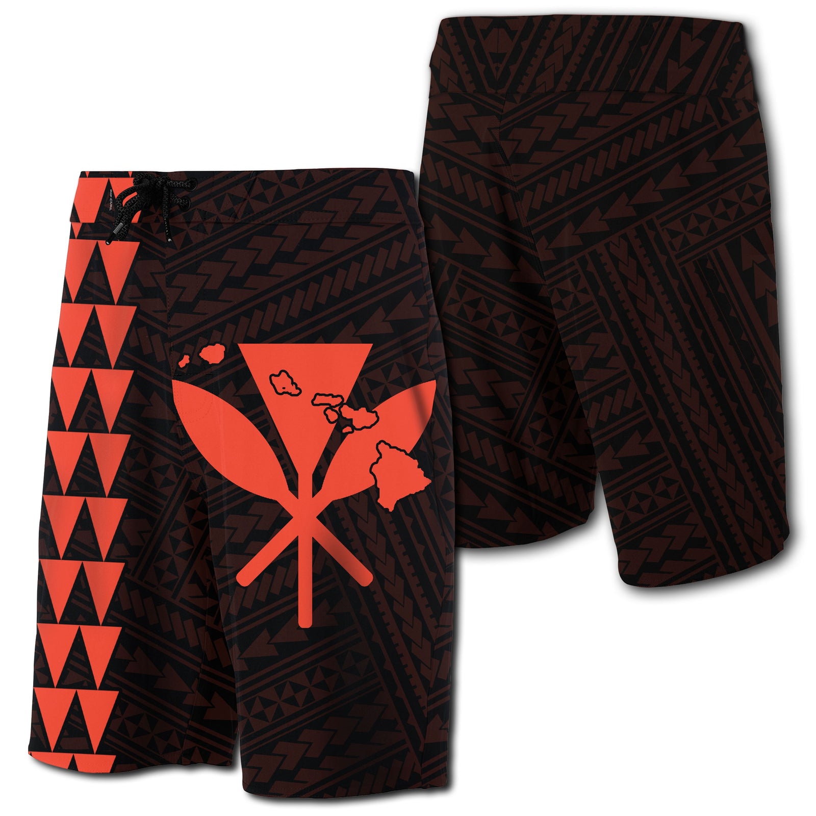 Hawaii Kakau Polynesian Kanaka Map Board Shorts - Orange Men Orange - Polynesian Pride