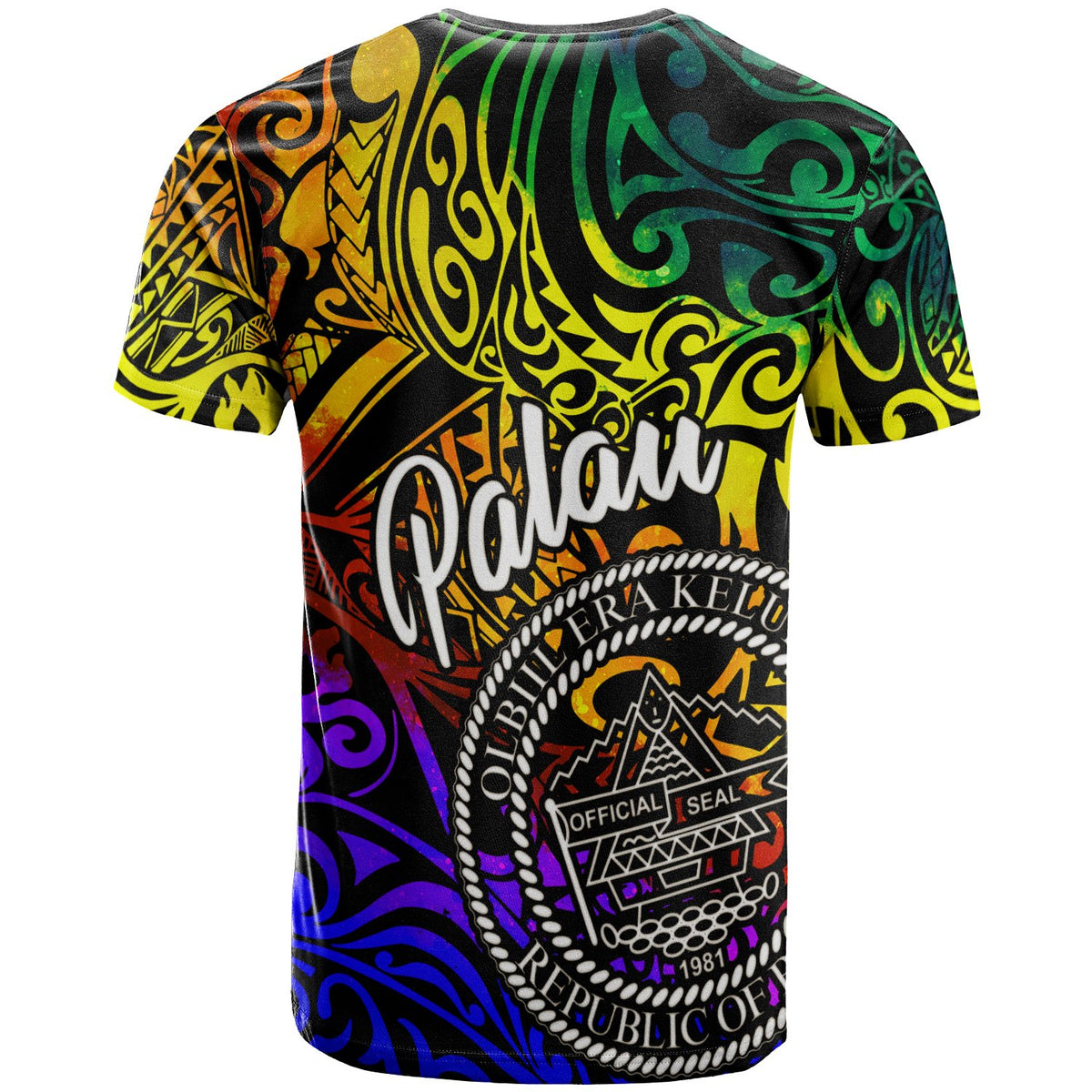 Palau Custom T Shirt Rainbow Polynesian Pattern - Polynesian Pride
