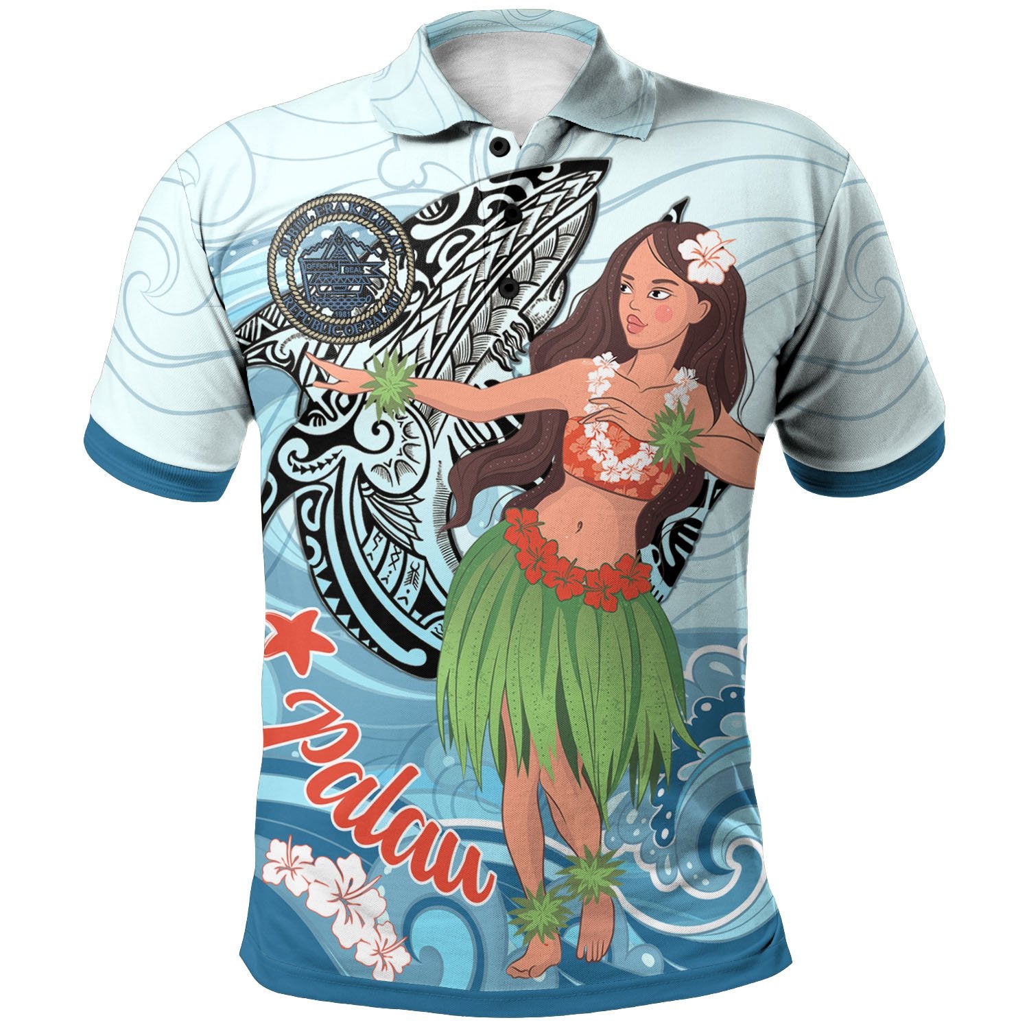 Palau Polo Shirt Polynesian Girls With Shark Unisex Blue - Polynesian Pride