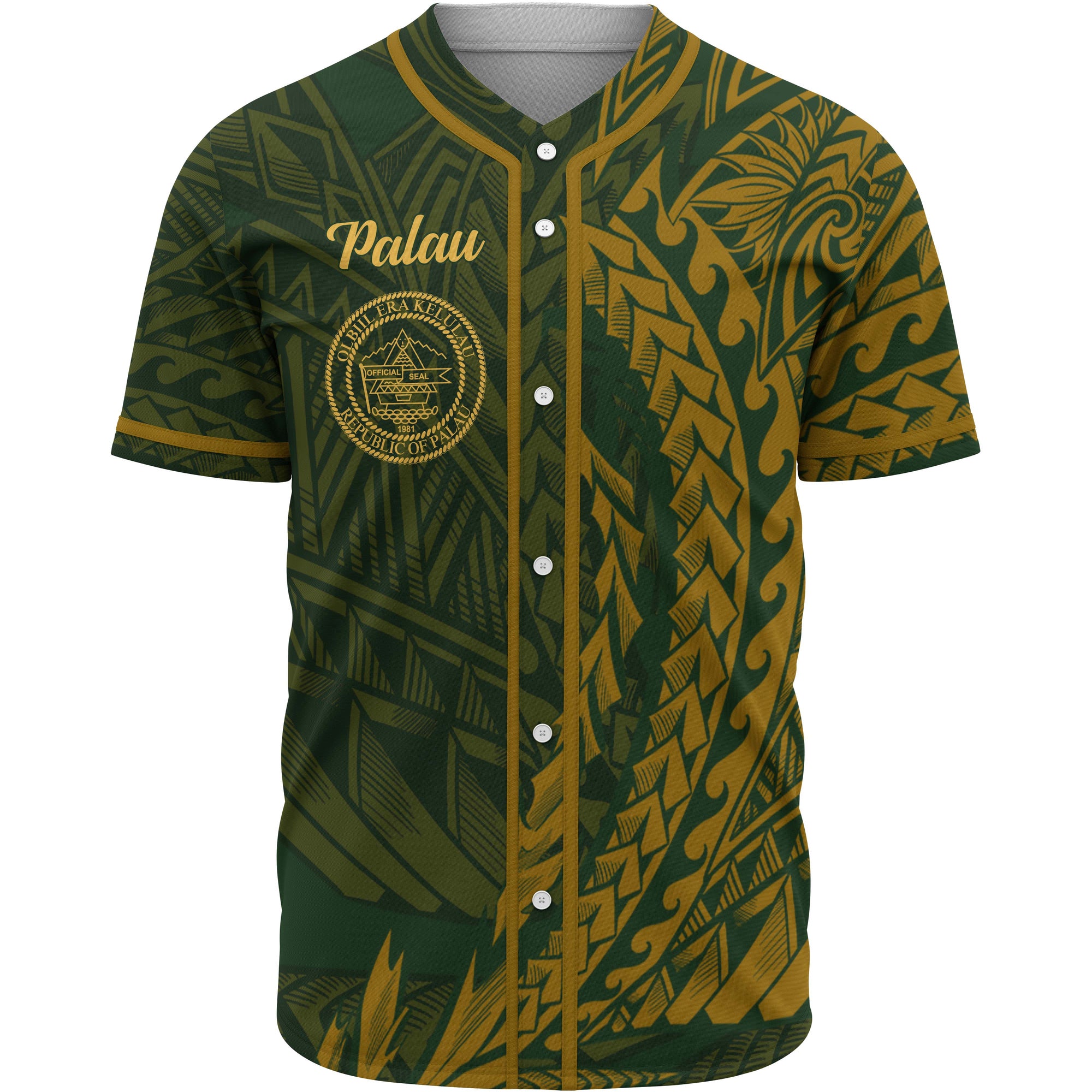 Palau Baseball Shirt - Green Wings Style Unisex Gold - Polynesian Pride