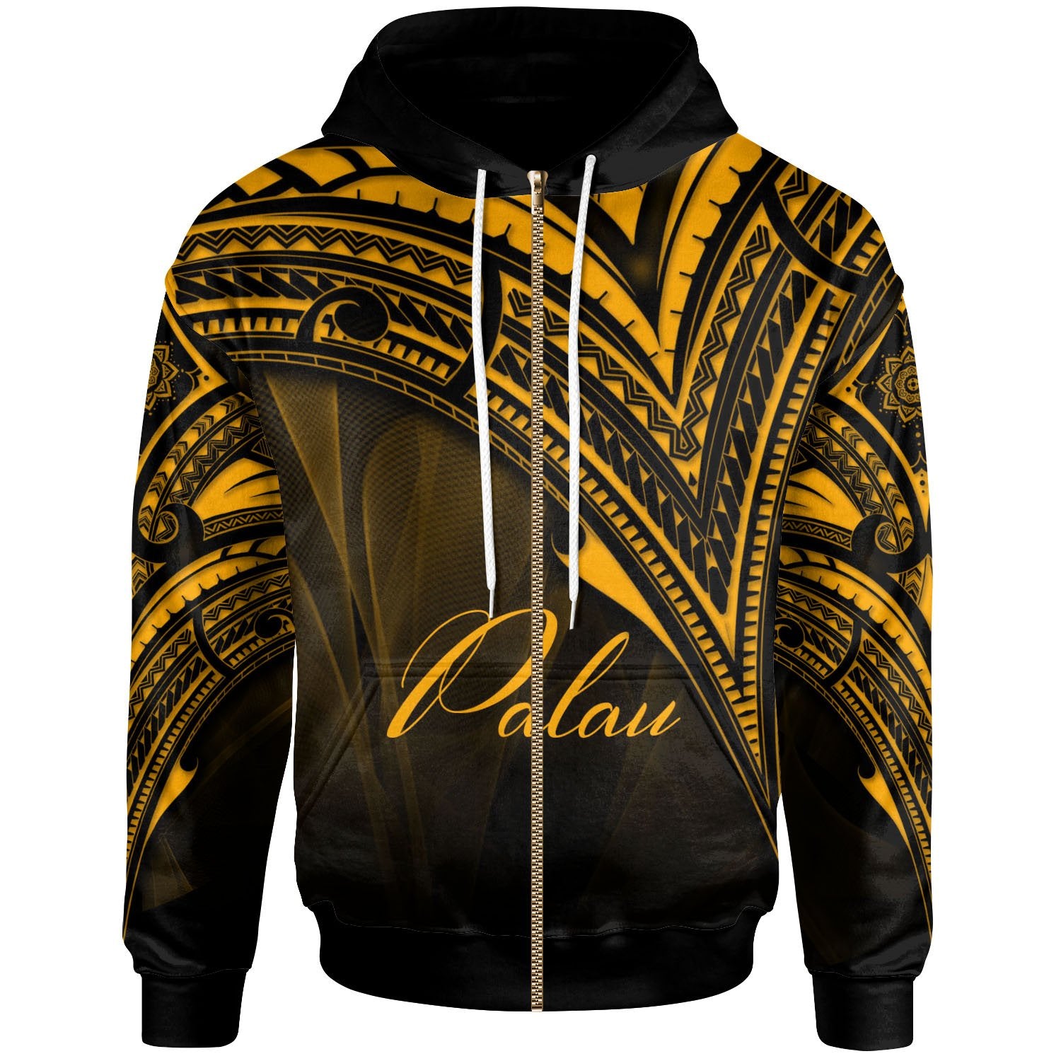 Palau Zip Hoodie Gold Color Cross Style Unisex Black - Polynesian Pride