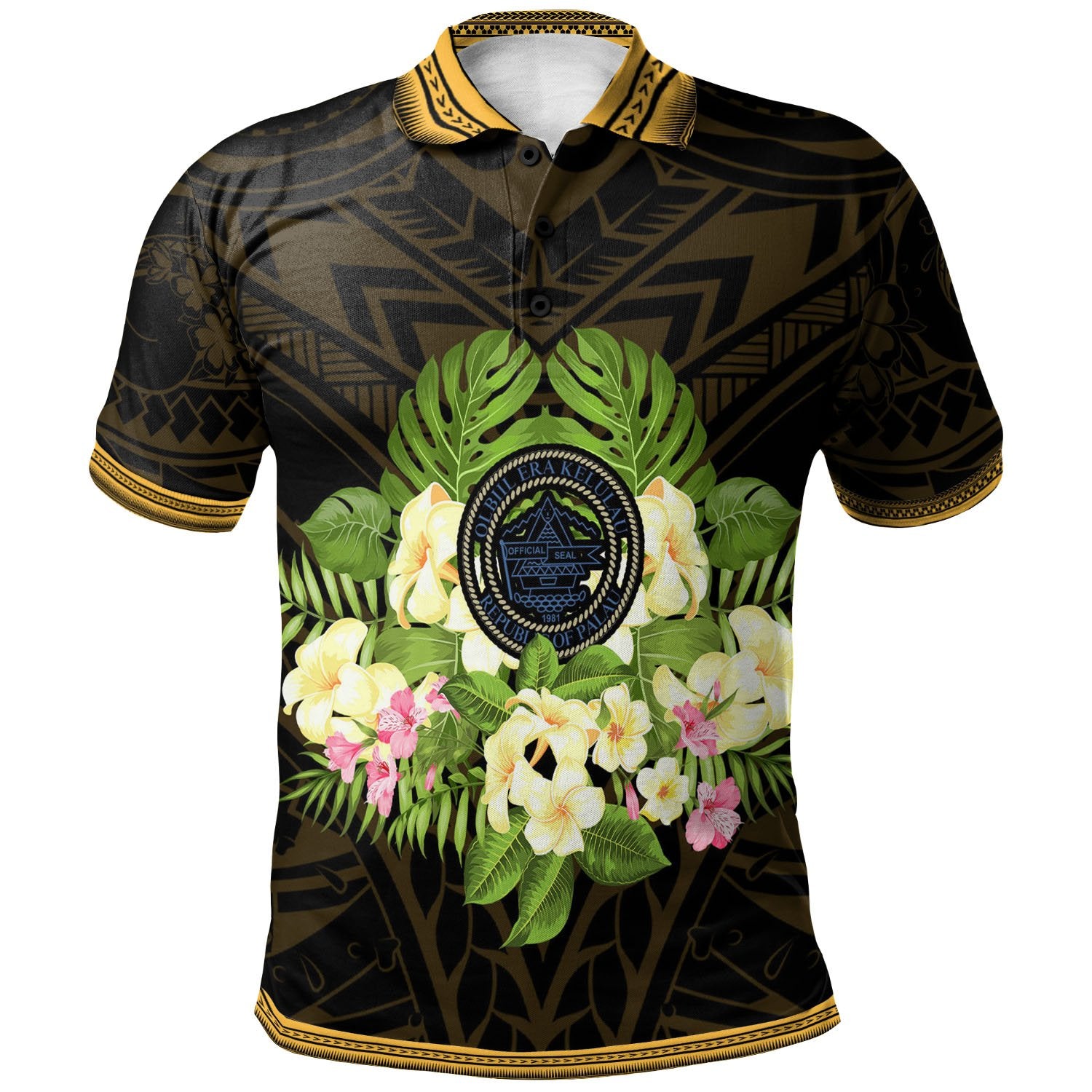 Palau Polo Shirt Polynesian Gold Patterns Collection Unisex Black - Polynesian Pride
