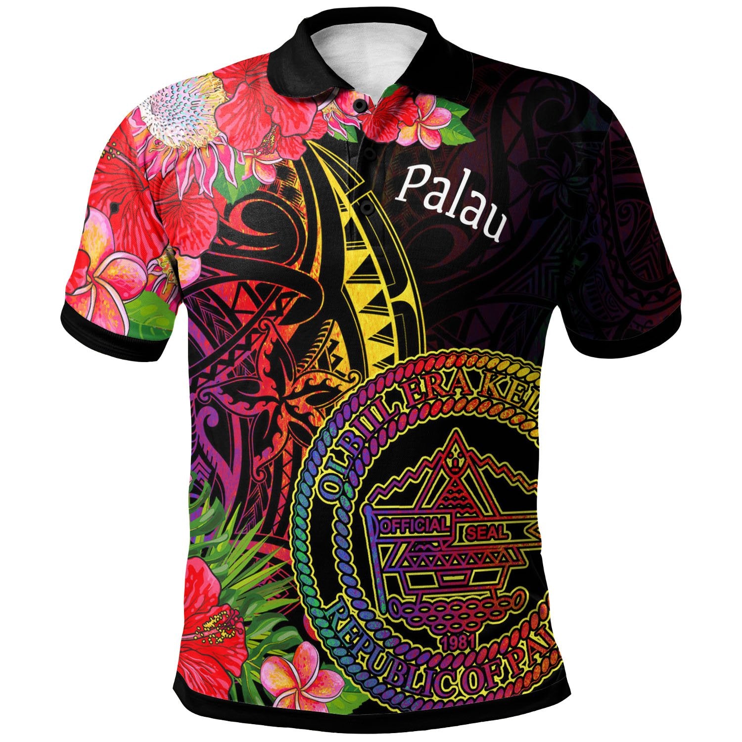 Palau Polo Shirt Tropical Hippie Style Unisex Black - Polynesian Pride