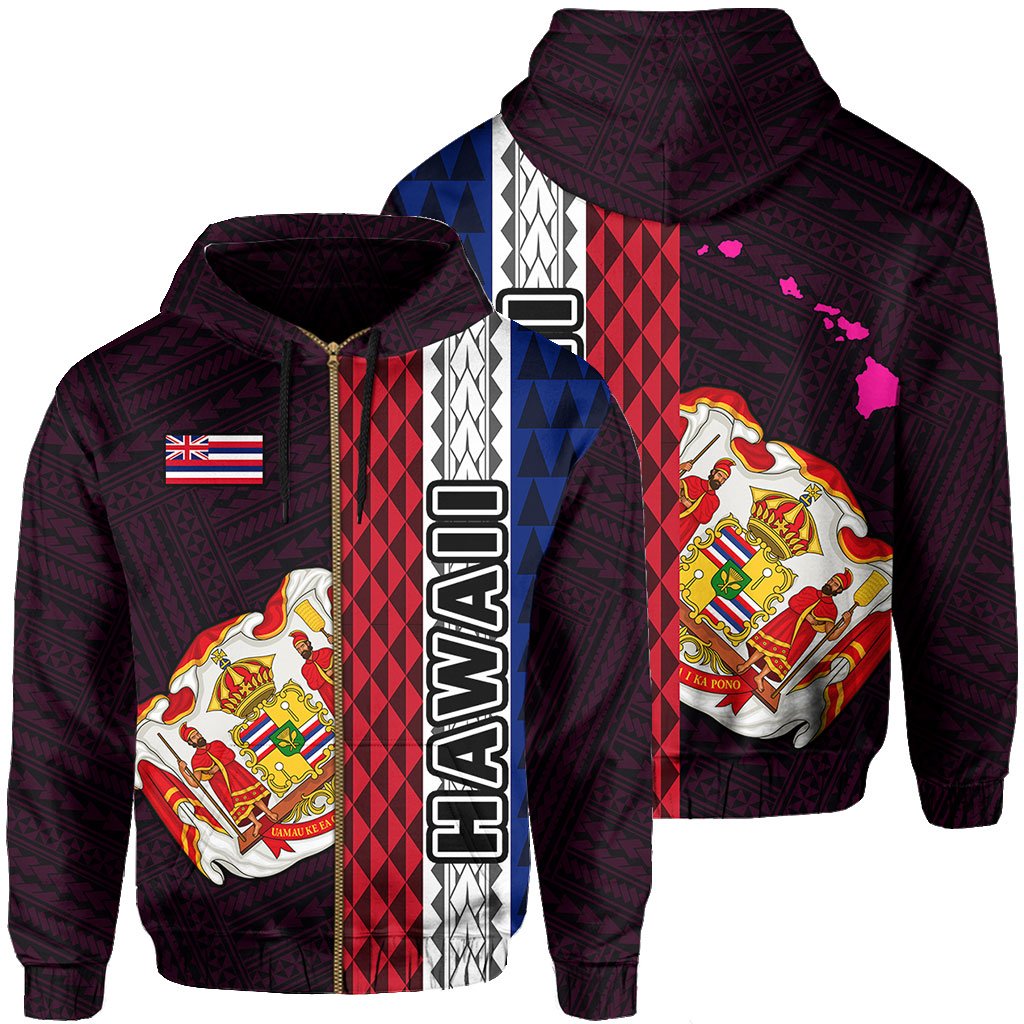 Polynesian Kakau Hawaii Flag Royal Coat of Arms Hawaii Zip Hoodie Pink Unisex Pink - Polynesian Pride