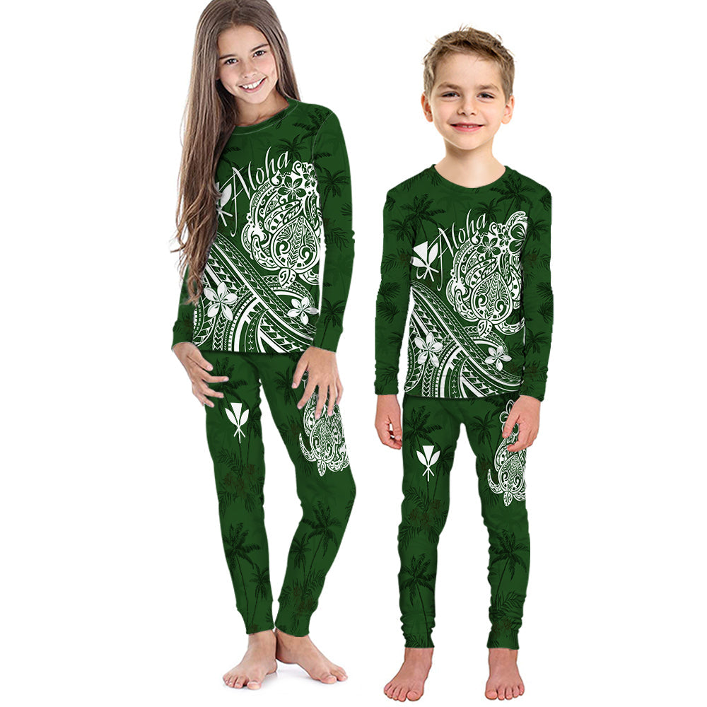Hawaii Aloha Pajama Set KID Palm Trees Mix Turtle - Green LT7 Green - Polynesian Pride