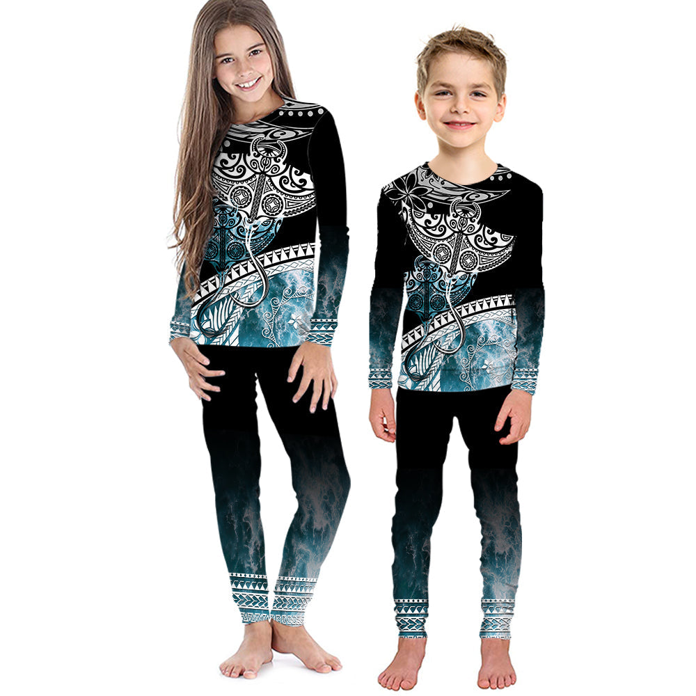 Polynesian Pajama Set KID Ocean Waves Style - Manta LT7 Kid Black - Polynesian Pride