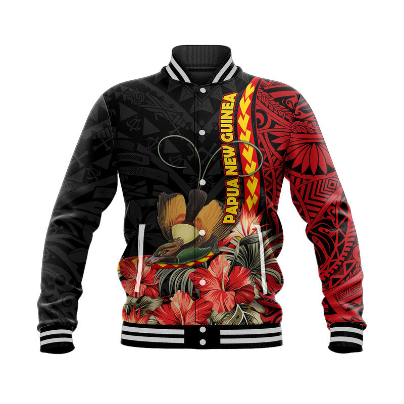 (Custom Personalised) Papua New Guinea Baseball Jacket Unique Bird With Tropical Vintage Plant LT9 Unisex Black - Polynesian Pride