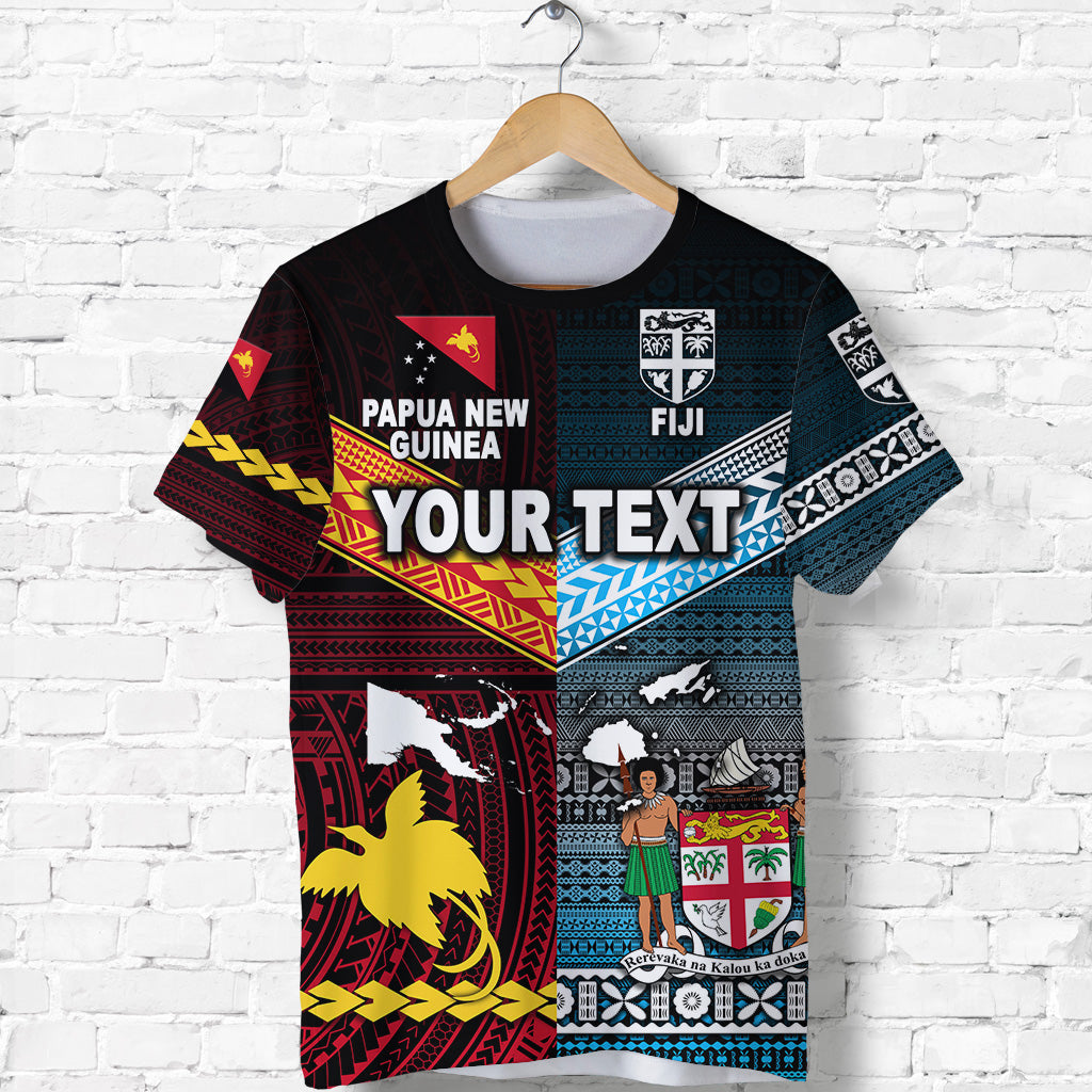 Custom Papua New Guinea Polynesian and Fiji Tapa Together T Shirt Blue LT8 - Polynesian Pride