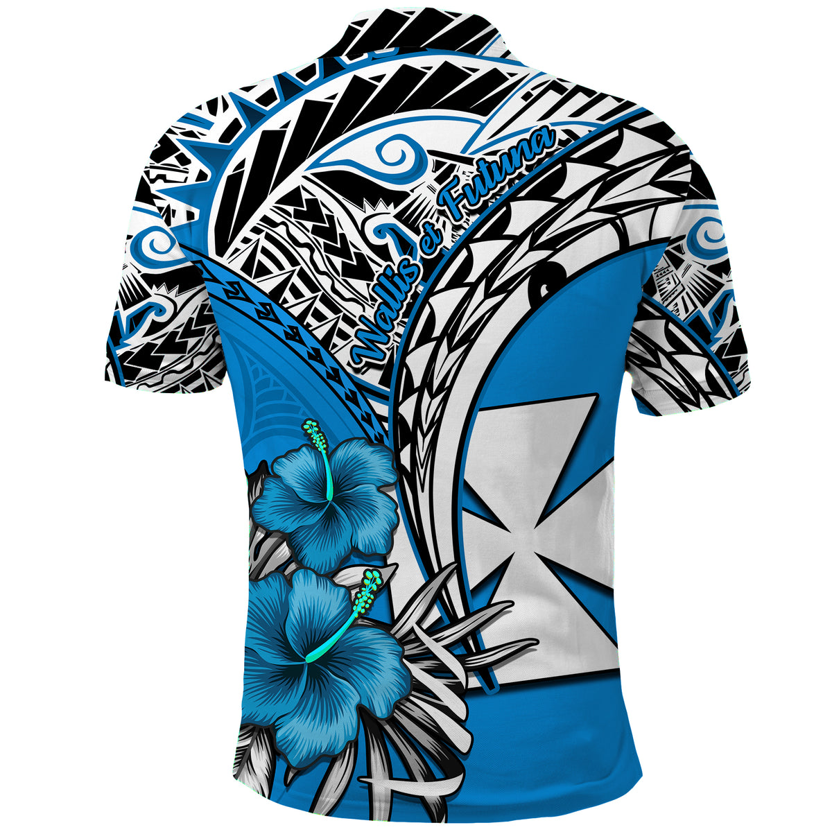 Wallis et Futuna Polo Shirt Polynesian Pattern and Hibiscus Flowers Version Blue LT13 - Polynesian Pride