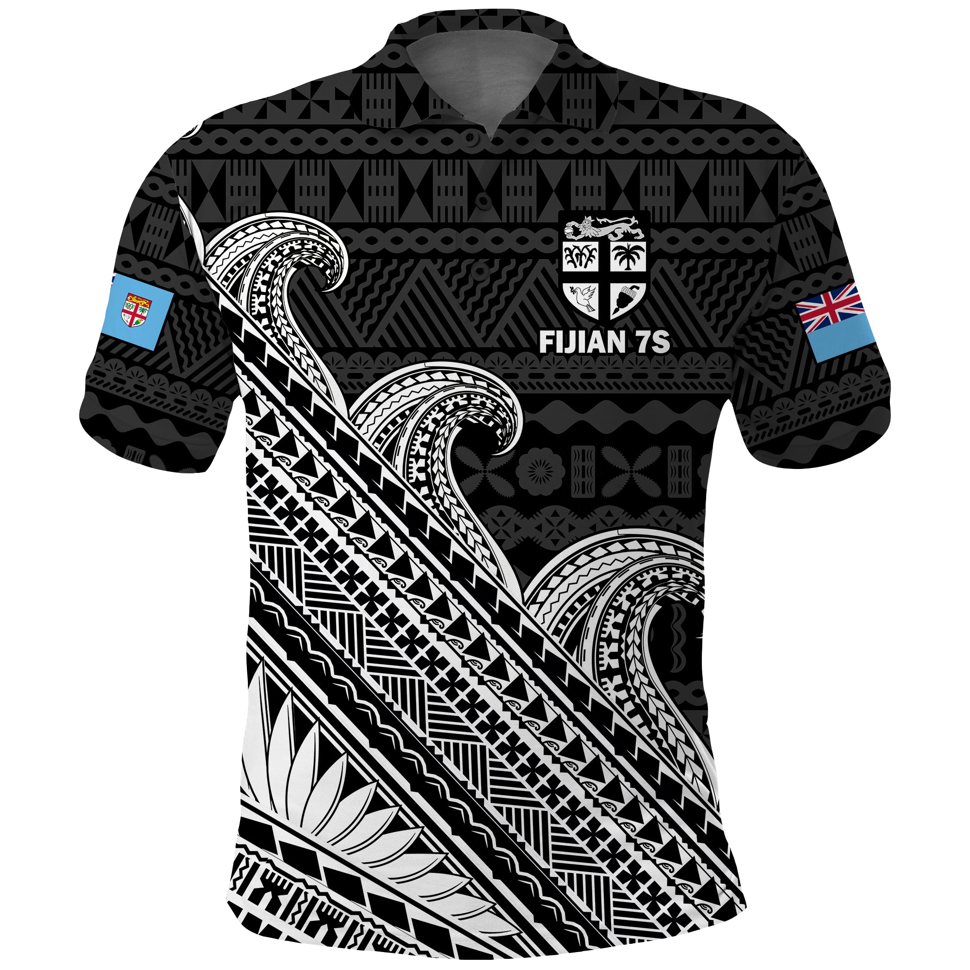 (Custom Text and Number) Fiji Sevens Rugby Fijian 7s Black Tapa Polynesian Art Polo Shirt LT14 Black - Polynesian Pride