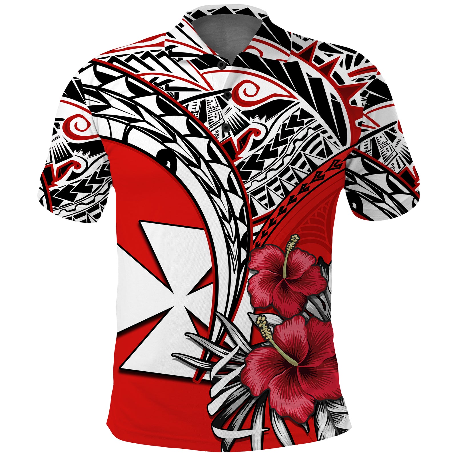 Wallis et Futuna Polo Shirt Polynesian Pattern and Hibiscus Flowers Version Red LT13 Unisex Red - Polynesian Pride
