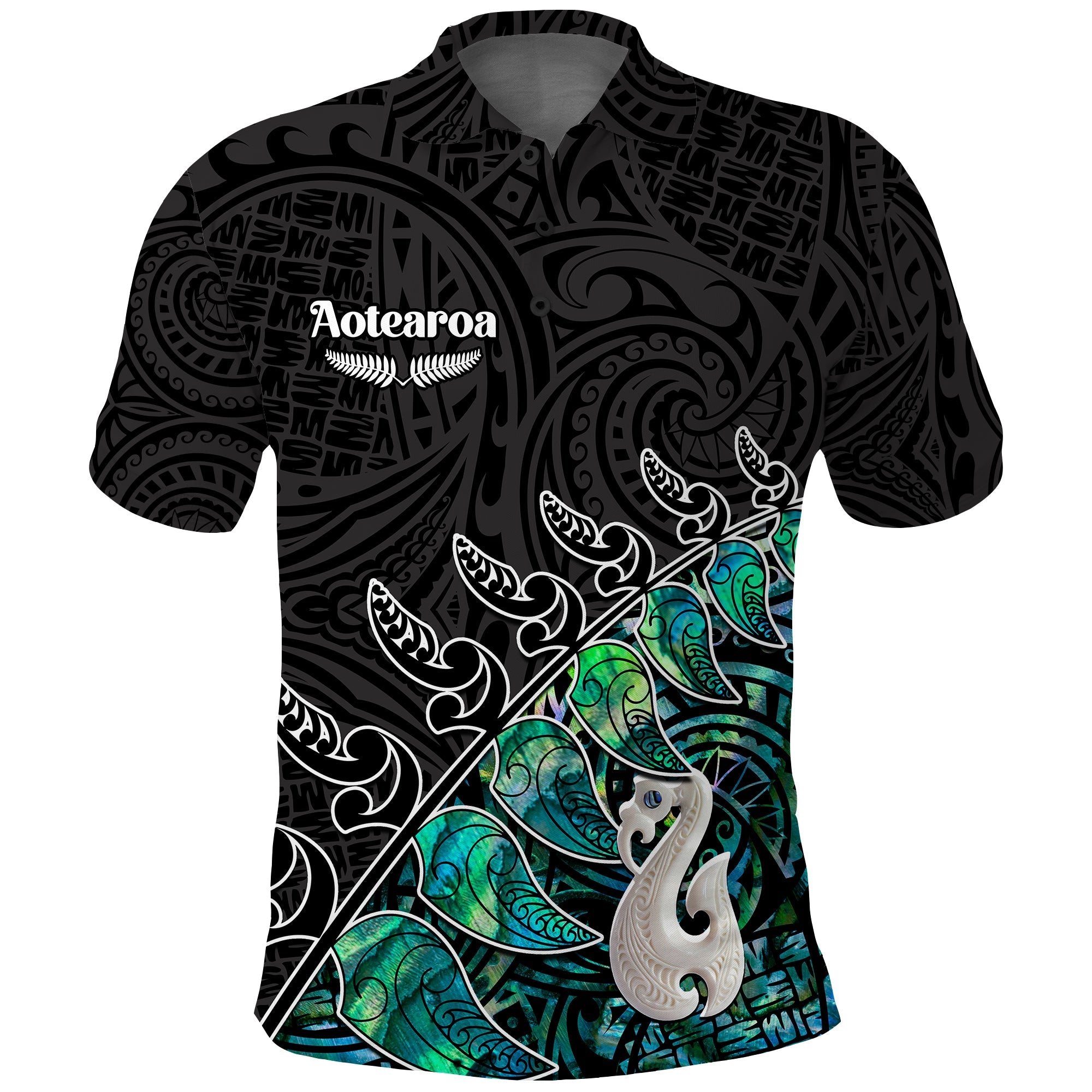 New Zealand Maori Polo Shirt Fern and Manaia Version Black LT13 Unisex Black - Polynesian Pride
