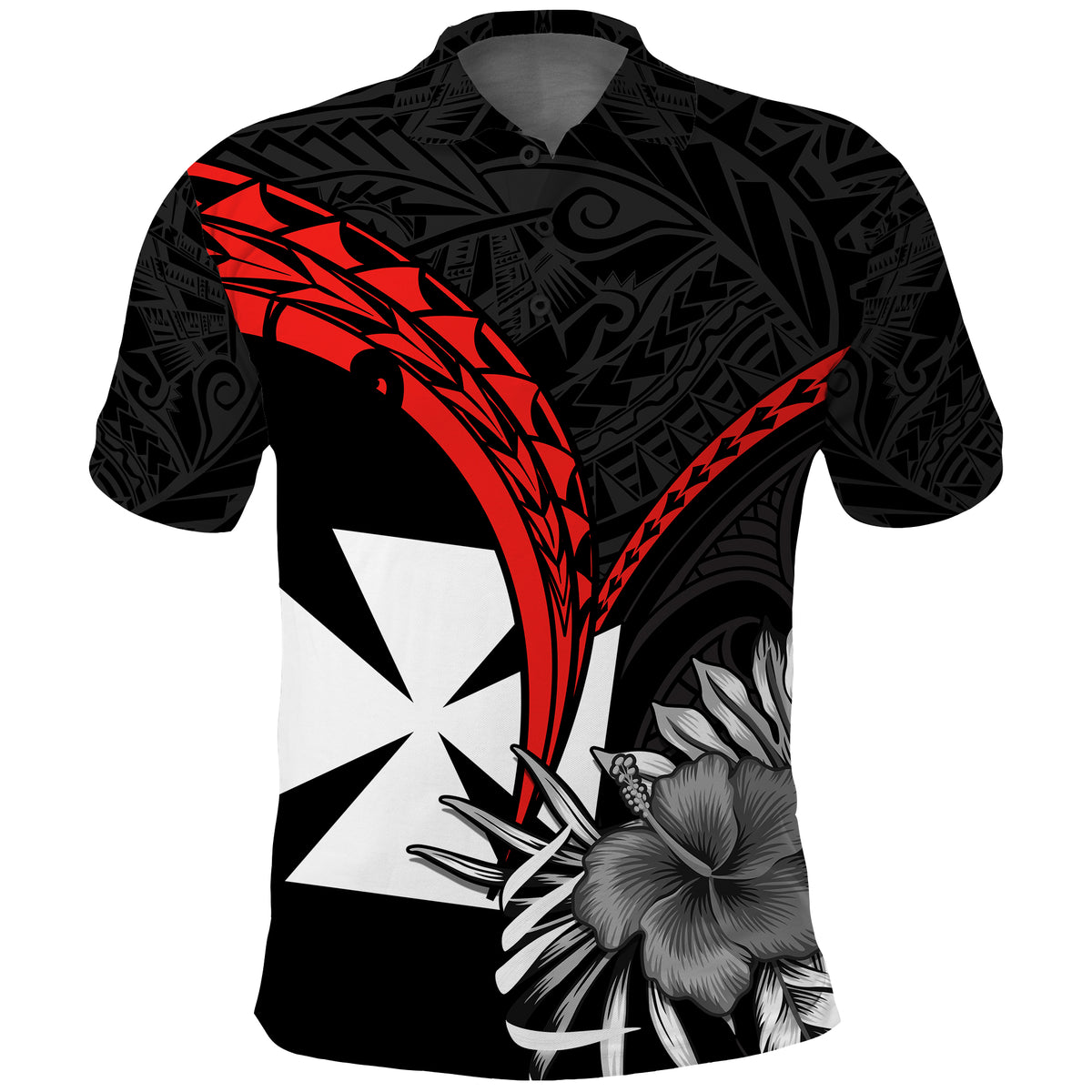 Wallis et Futuna Polo Shirt Polynesian Pattern and Hibiscus Flowers Version Black LT13 Unisex Black - Polynesian Pride
