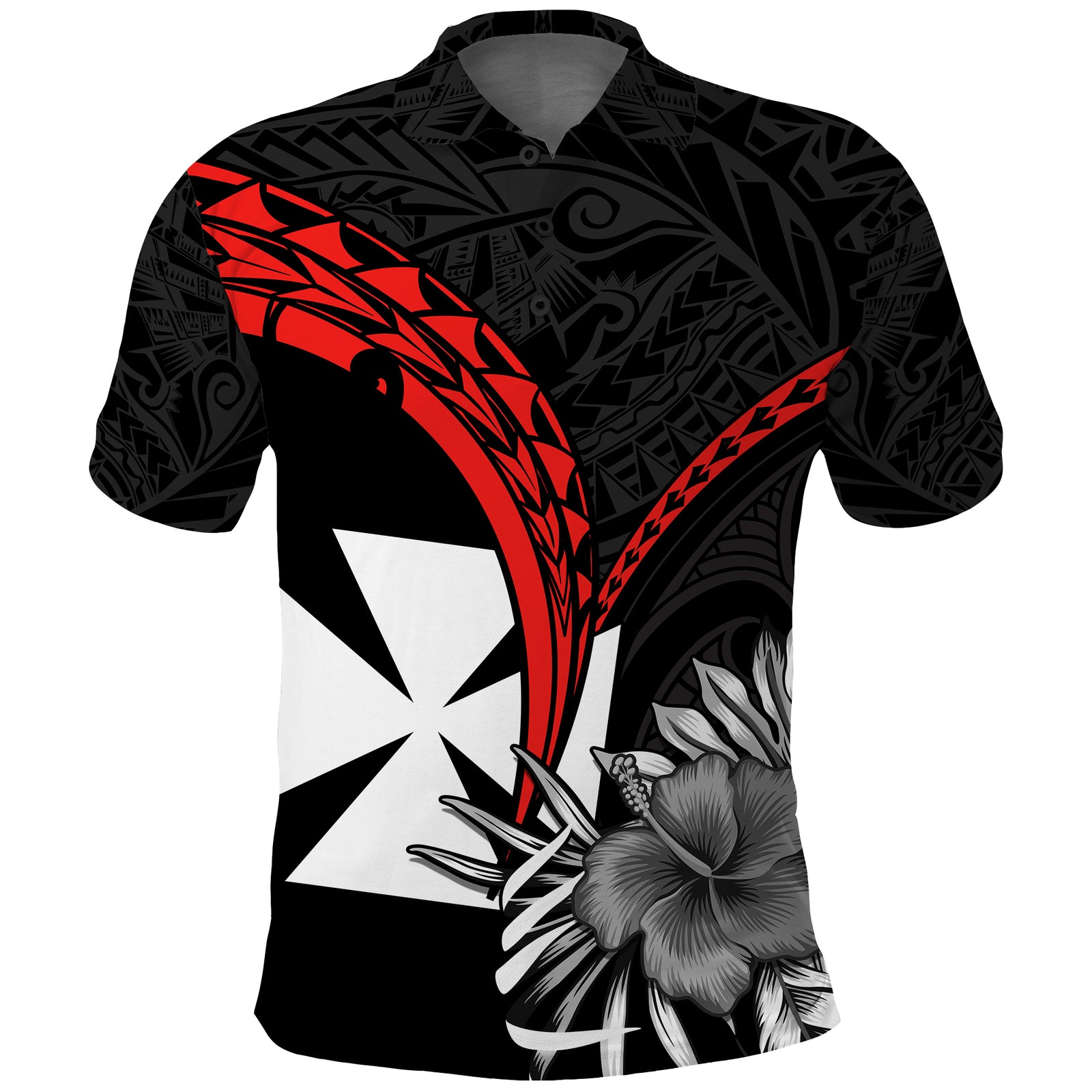 Wallis et Futuna Polo Shirt Polynesian Pattern and Hibiscus Flowers Version Black LT13 Unisex Black - Polynesian Pride
