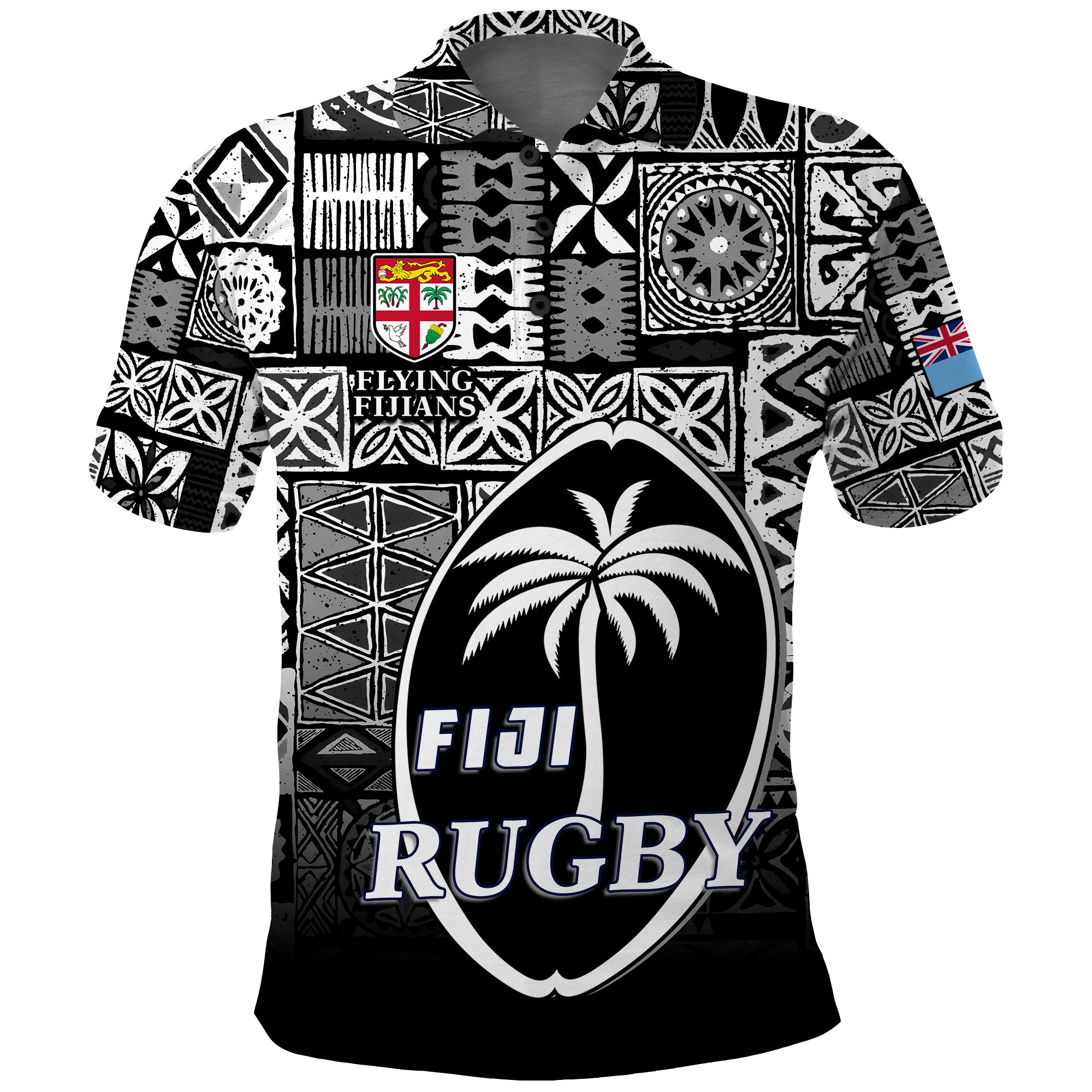 Fiji Rugby Polo Shirt Flying Fijians Black Tapa Pattern LT13 Unisex Black - Polynesian Pride