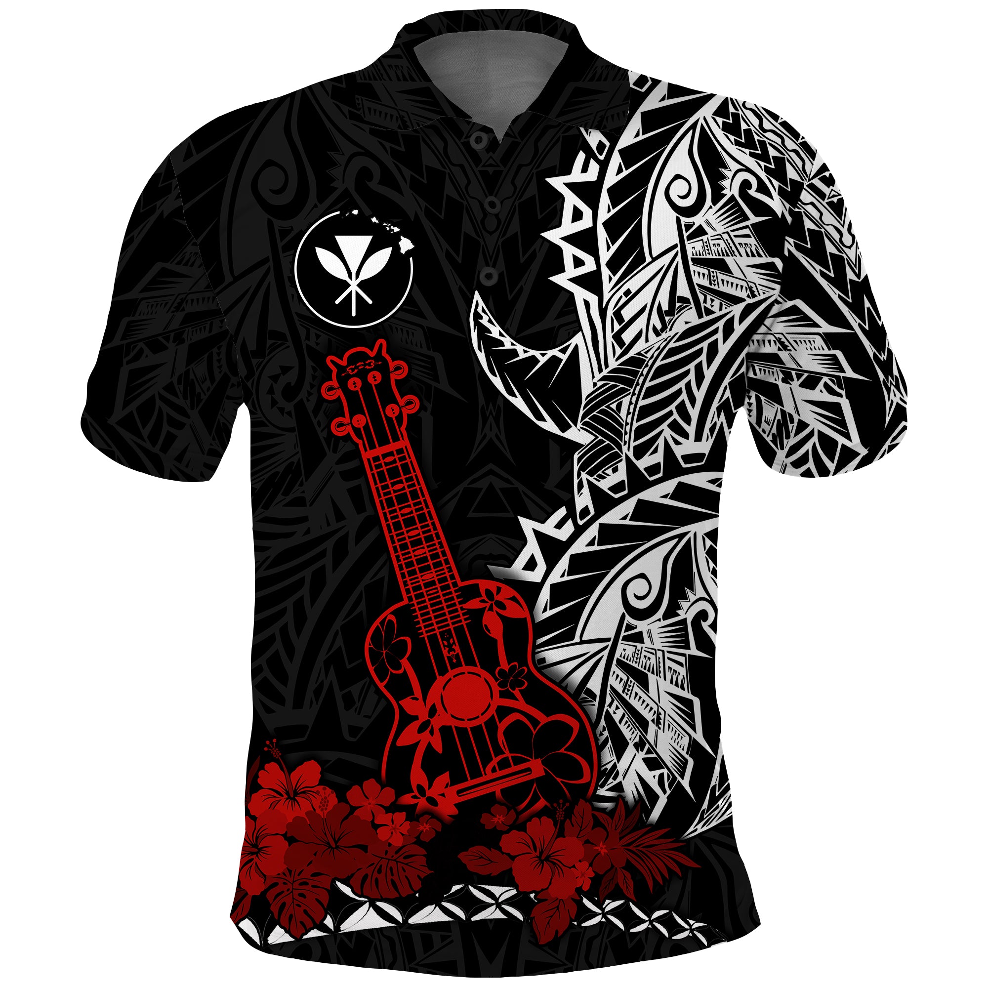 Hawaii Polynesian Polo Shirt Red Ukulele LT13 Unisex Black - Polynesian Pride