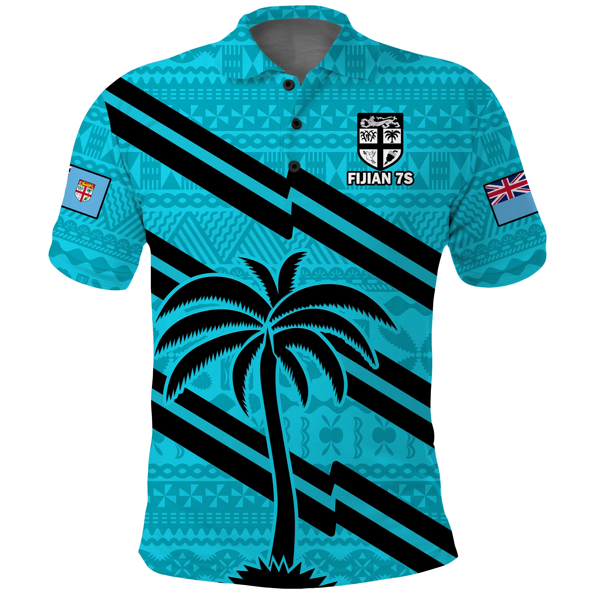 Fiji Rugby Tapa Pattern Fijian 7s Cyan Polo Shirt LT14 Cyan - Polynesian Pride