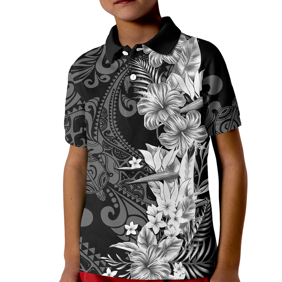Hawaii Flowers Mix Tribal Pattern Polo Shirt KID LT6 Kid White - Polynesian Pride