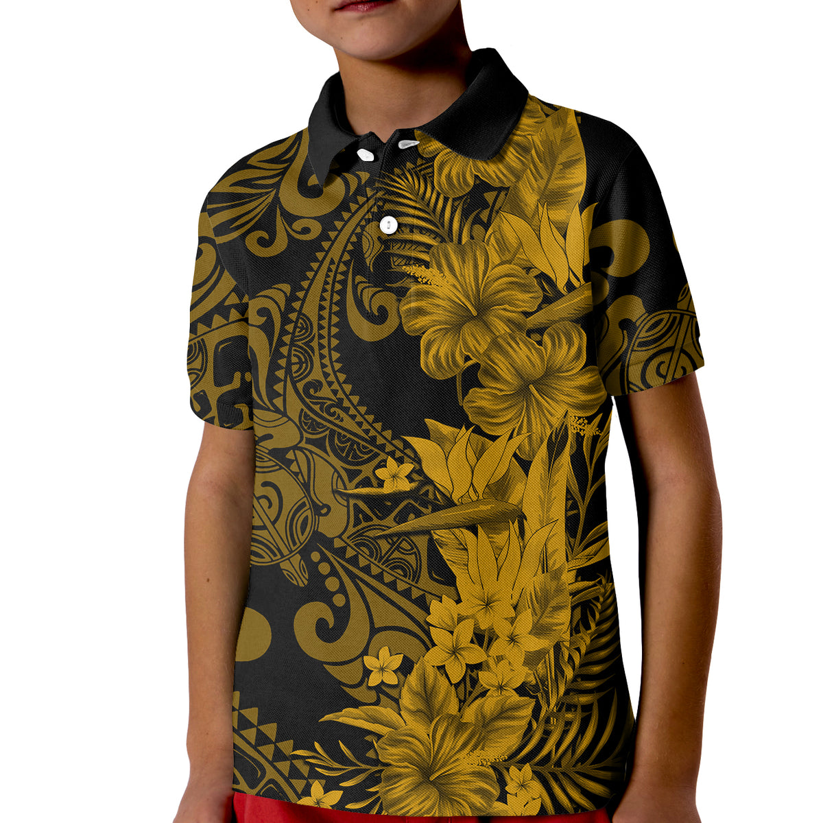 Hawaii Flowers Mix Tribal Pattern Polo Shirt KID LT6 Kid Gold - Polynesian Pride