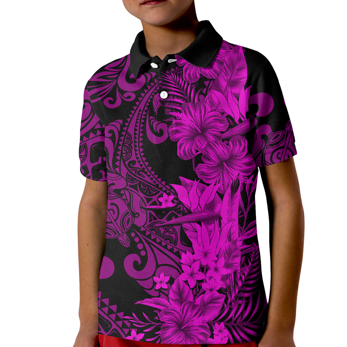 Hawaii Flowers Mix Tribal Pattern Polo Shirt KID LT6 Kid Purple - Polynesian Pride