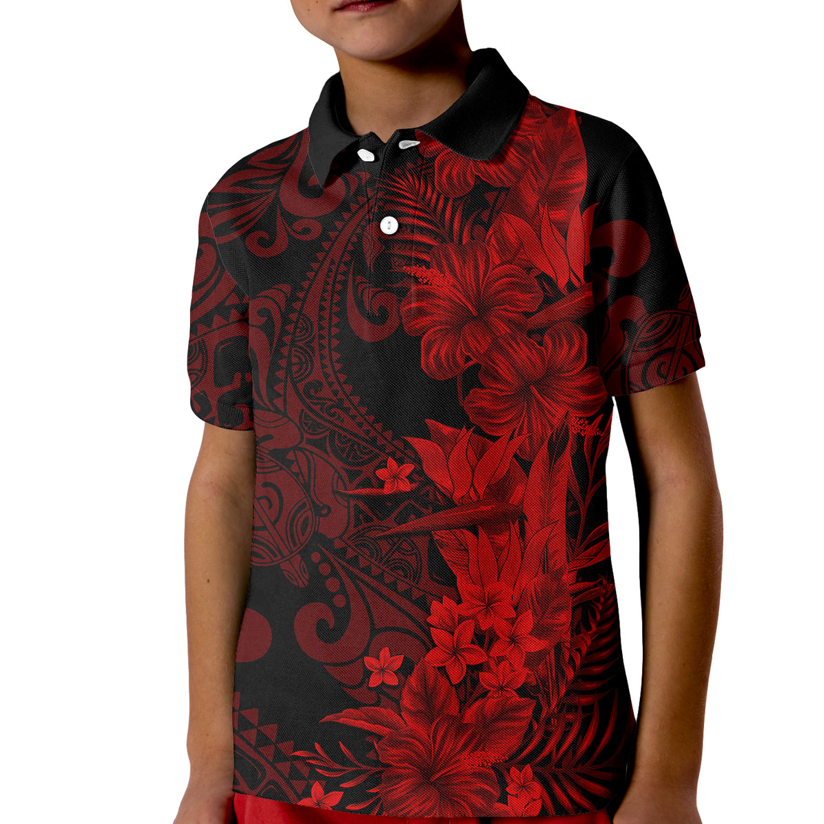 Hawaii Flowers Mix Tribal Pattern Polo Shirt KID LT6 Kid Red - Polynesian Pride