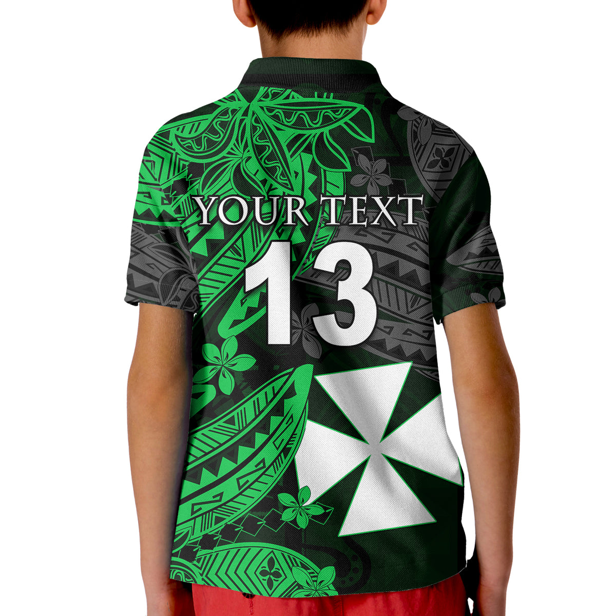 (Custom Text and Number) Wallis and Futuna Polo Shirt KID Enjoy Polynesian Flowers Version Green LT13 - Polynesian Pride