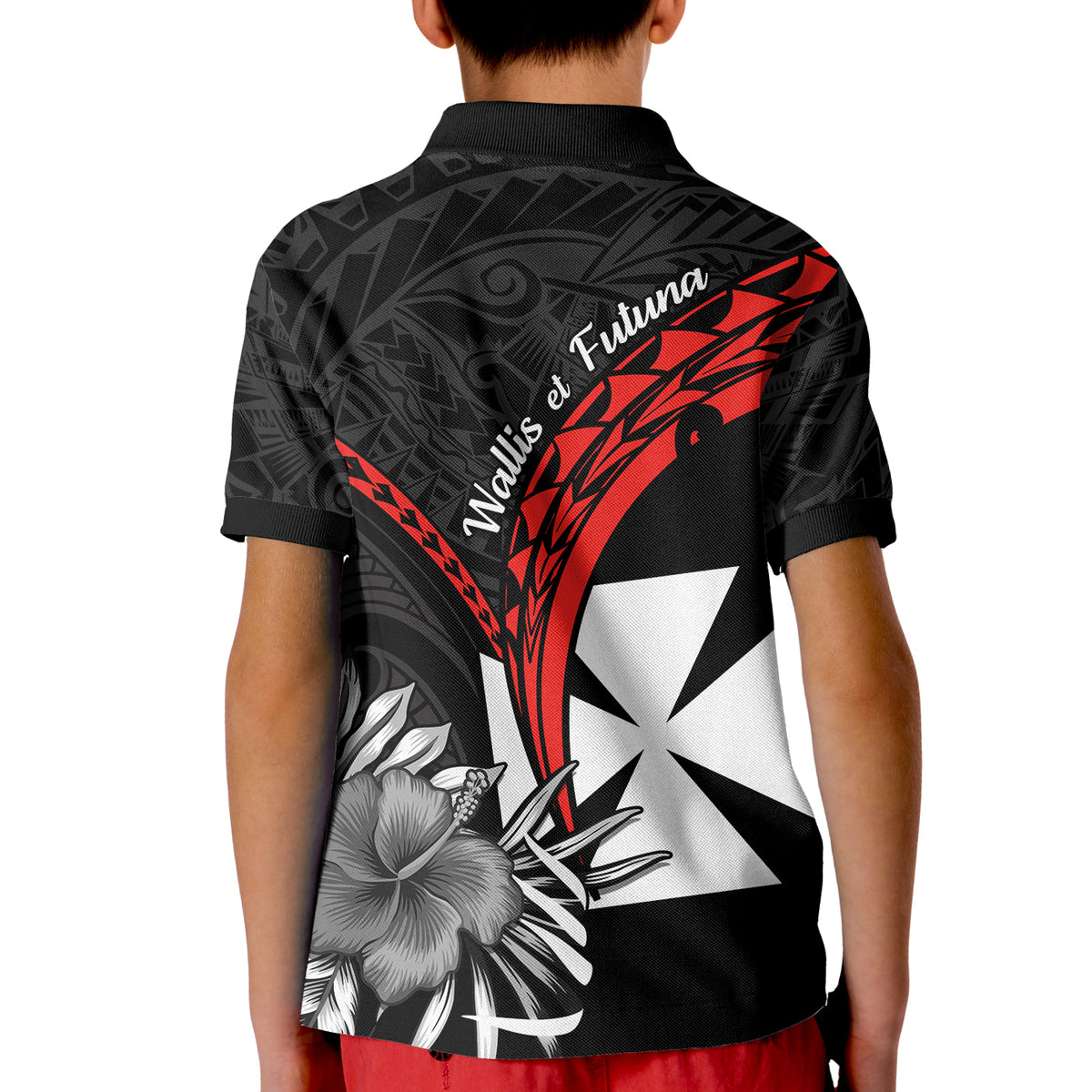 Wallis et Futuna Polo Shirt KID Polynesian Pattern and Hibiscus Flowers Version Black LT13 - Polynesian Pride