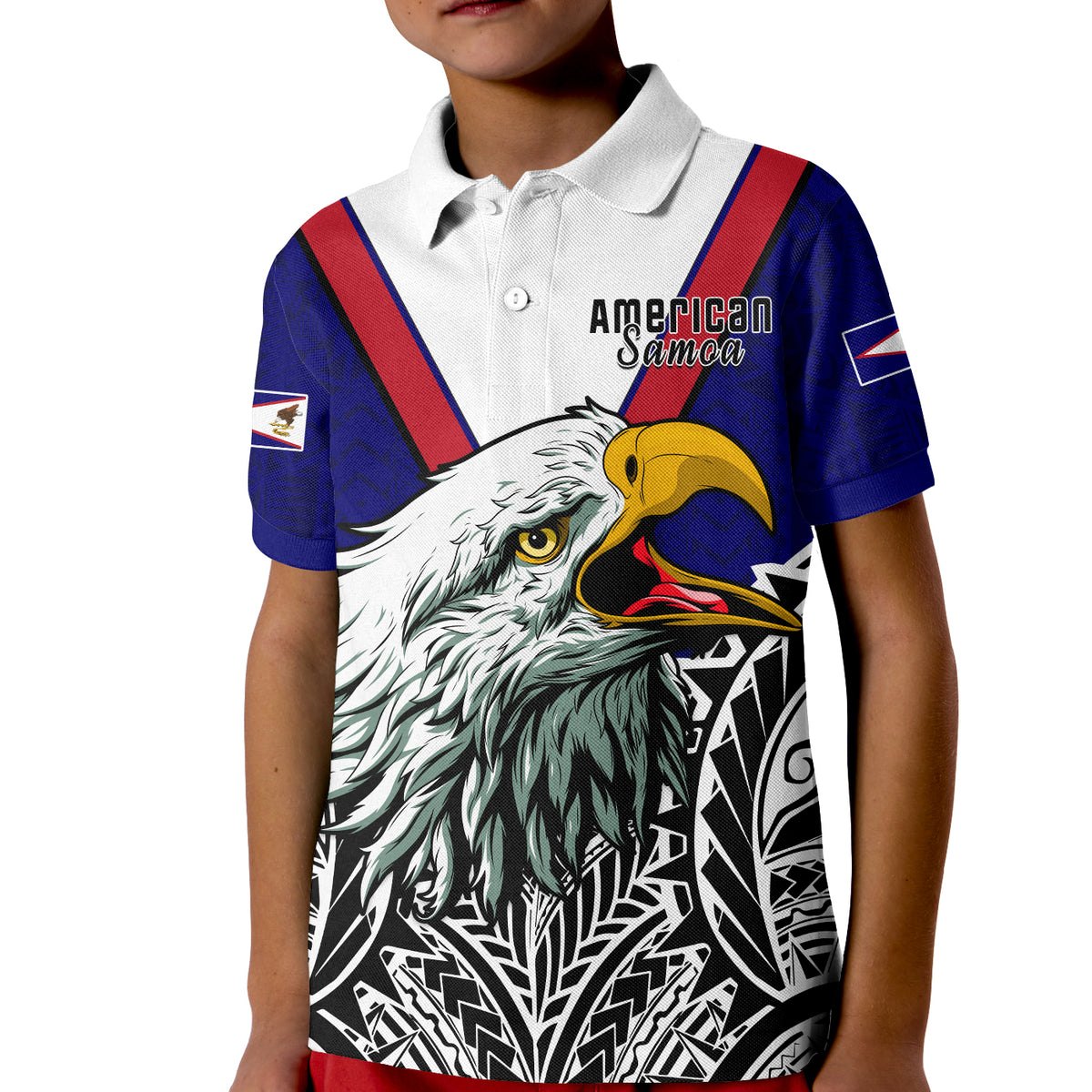 American Samoa Polo Shirt Bald Eagle Mix Polynesian LT13 Kid Blue - Polynesian Pride