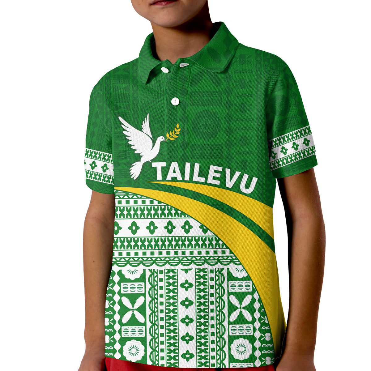 Tailevu Rugby Polo Shirt KID Fiji Rugby Tapa Pattern Green LT13 Unisex Green - Polynesian Pride