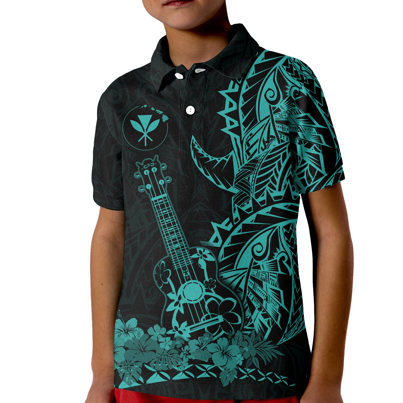 Hawaii Polynesian Polo Shirt KID Ukulele Turquoise LT13 Unisex Turquoise - Polynesian Pride