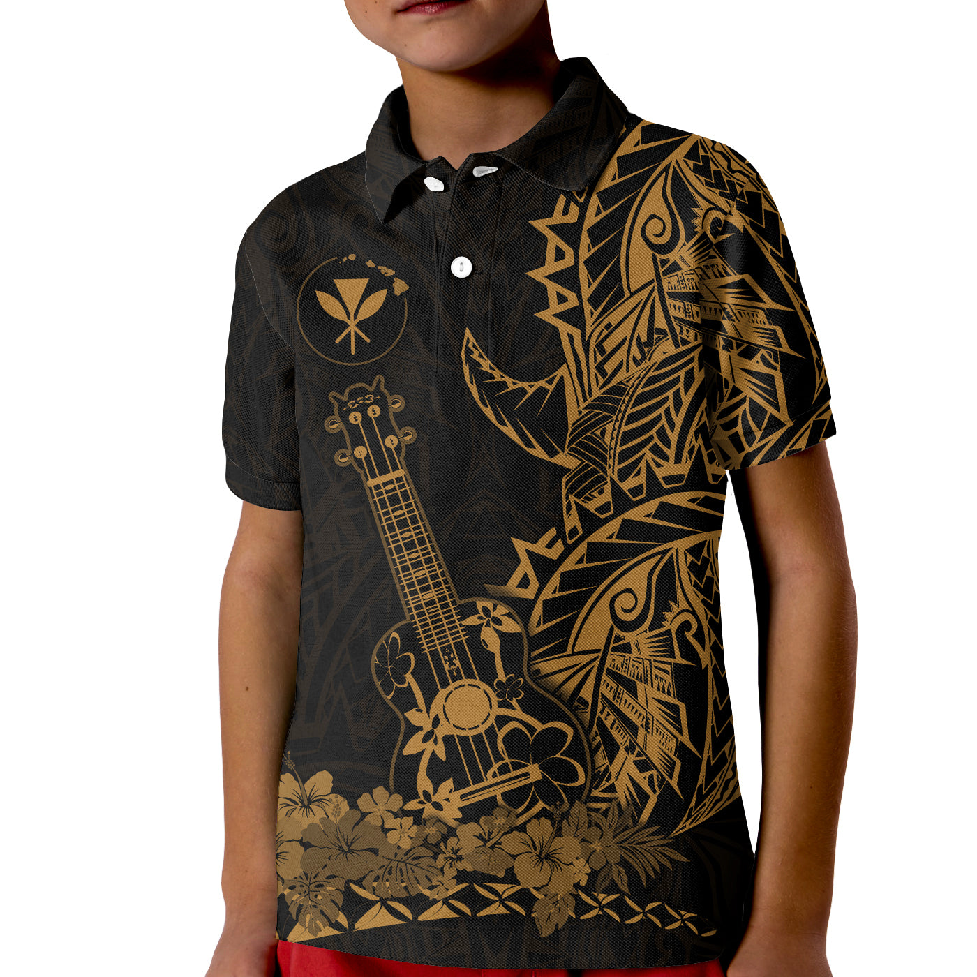 Hawaii Polynesian Polo Shirt KID Ukulele Gold LT13 Unisex Gold - Polynesian Pride