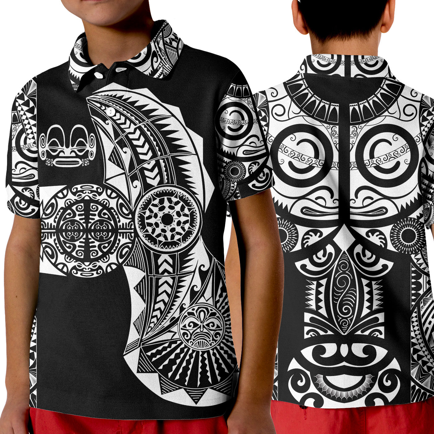 (Custom Personalised) Marquesas Islands Polo Shirt KID Marquesan Tattoo Original Style - Black LT8 Unisex Black - Polynesian Pride