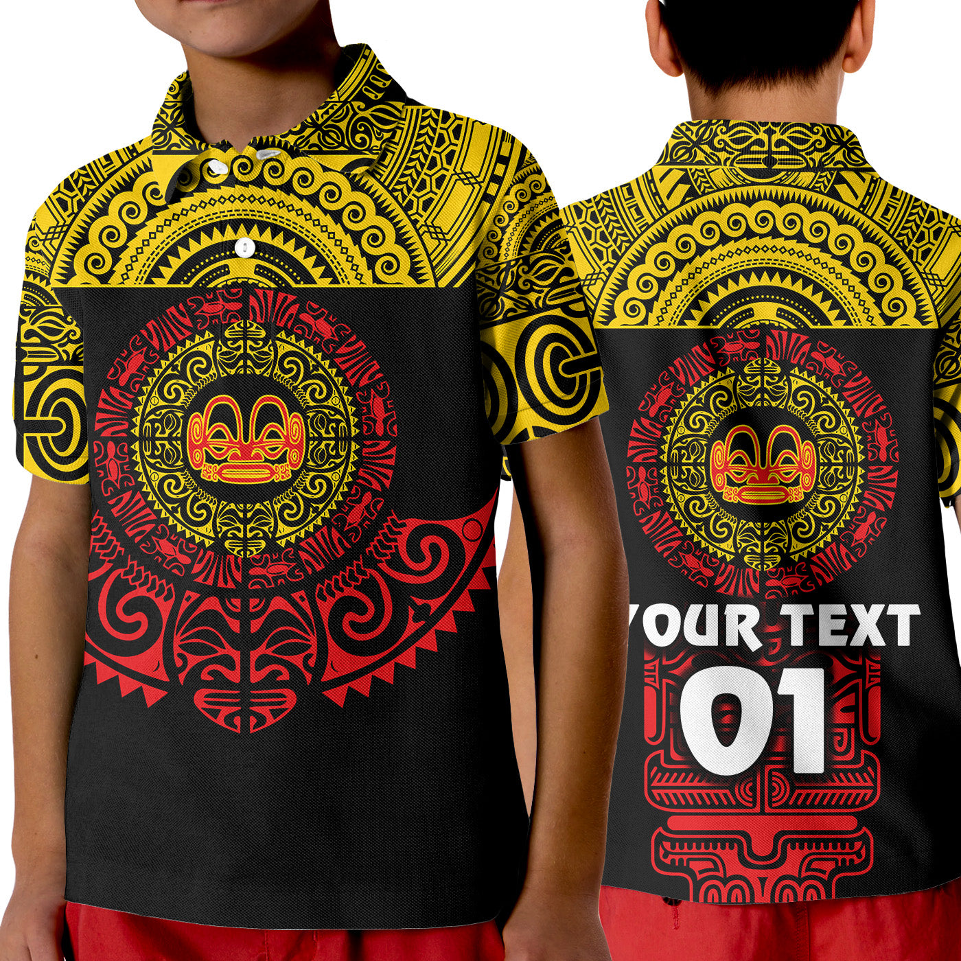 (Custom Personalised) Marquesas Islands Polo Shirt KID Marquesan Tattoo Simplified Version - Yellow LT8 Unisex Red - Polynesian Pride
