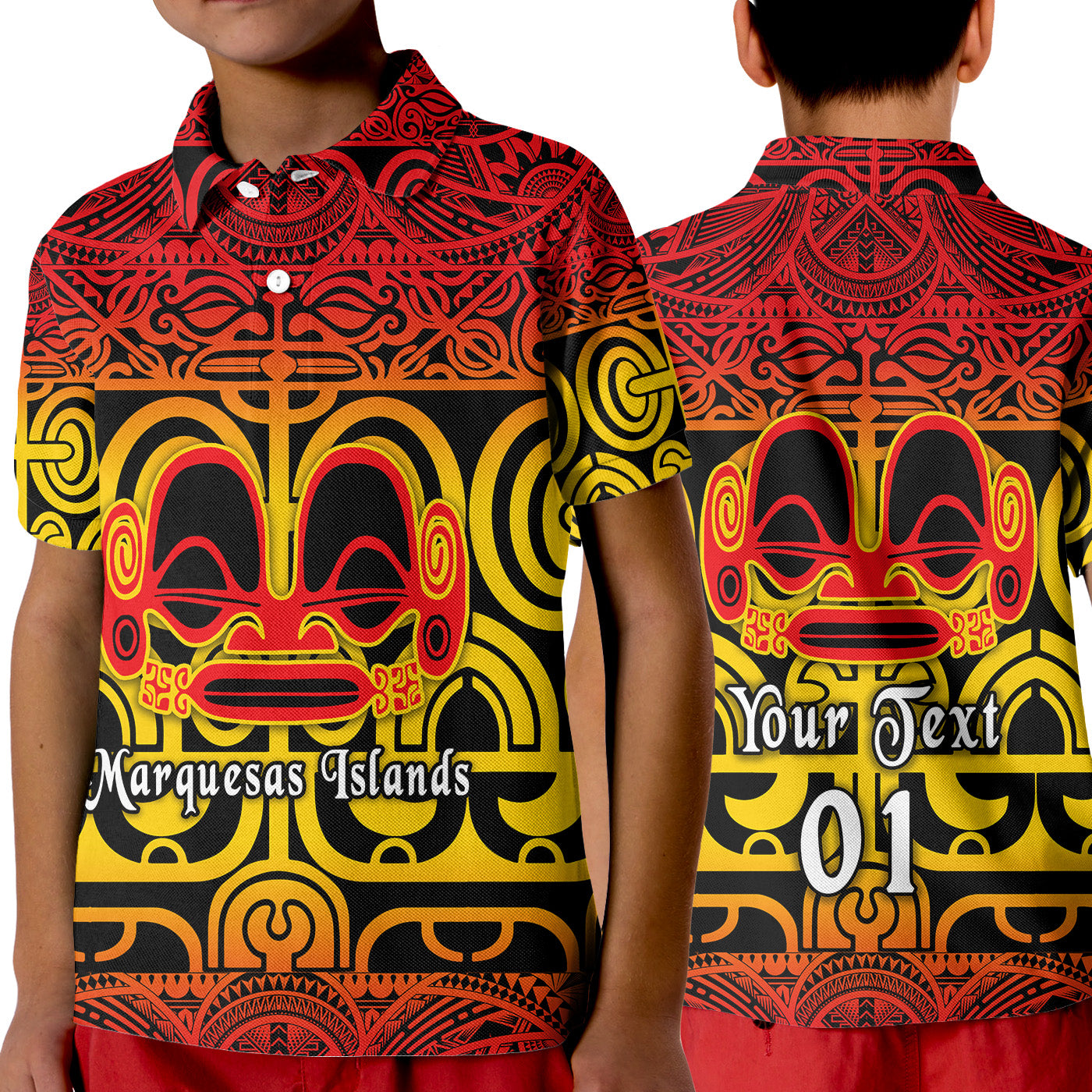 (Custom Personalised) Marquesas Islands Polo Shirt KID Marquesan Tattoo Simple Style - Gradient Red LT8 Unisex Red - Polynesian Pride