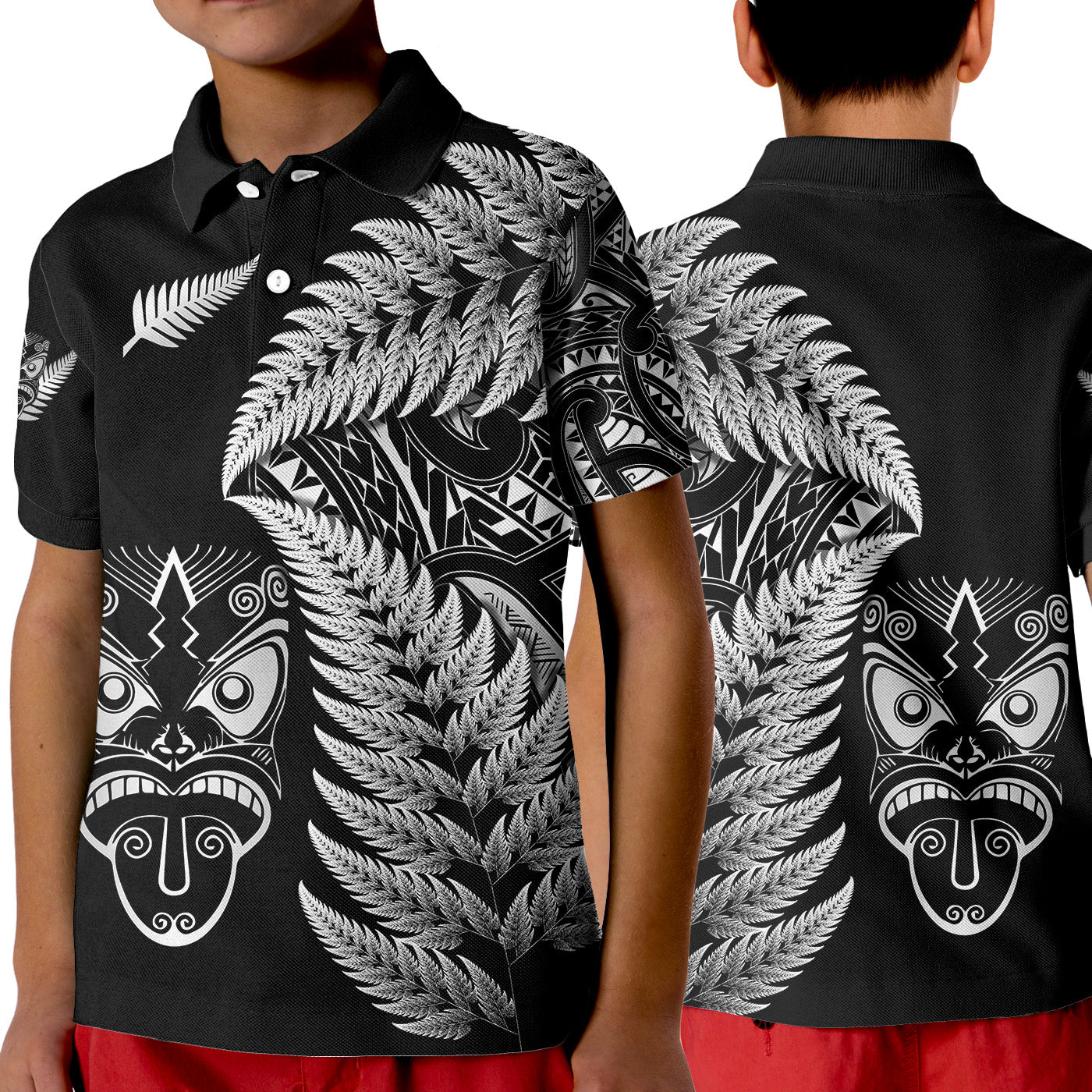 New Zealand Haka Rugby Maori Polo Shirt KID Silver Fern Vibes - Black LT8 Unisex Black - Polynesian Pride