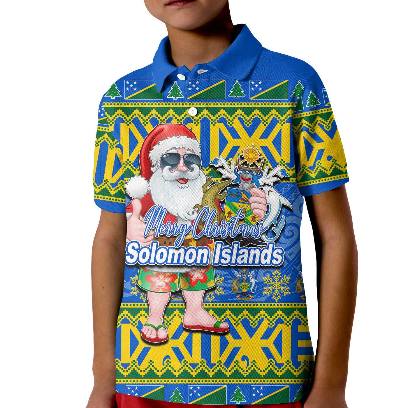 Solomon Islands Christmas Polo Shirt KID Cool Santa Claus LT6 Unisex Blue - Polynesian Pride