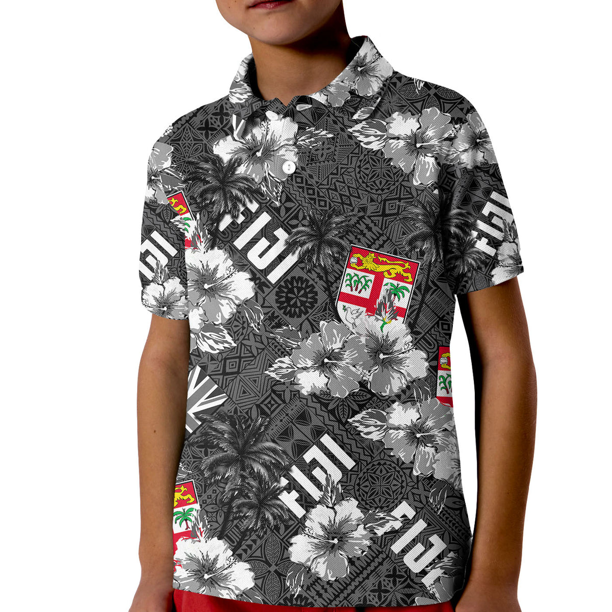 Fiji Hibiscus Polo Shirt KID Hawaii Style No.3 LT6 Unisex Black - Polynesian Pride