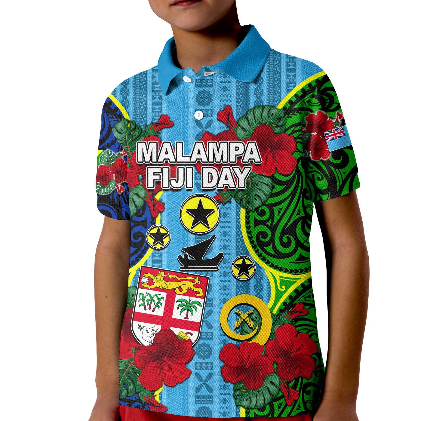 Malampa Fiji Day Hibiscus Polo Shirt KID Style LT6 Unisex Blue - Polynesian Pride