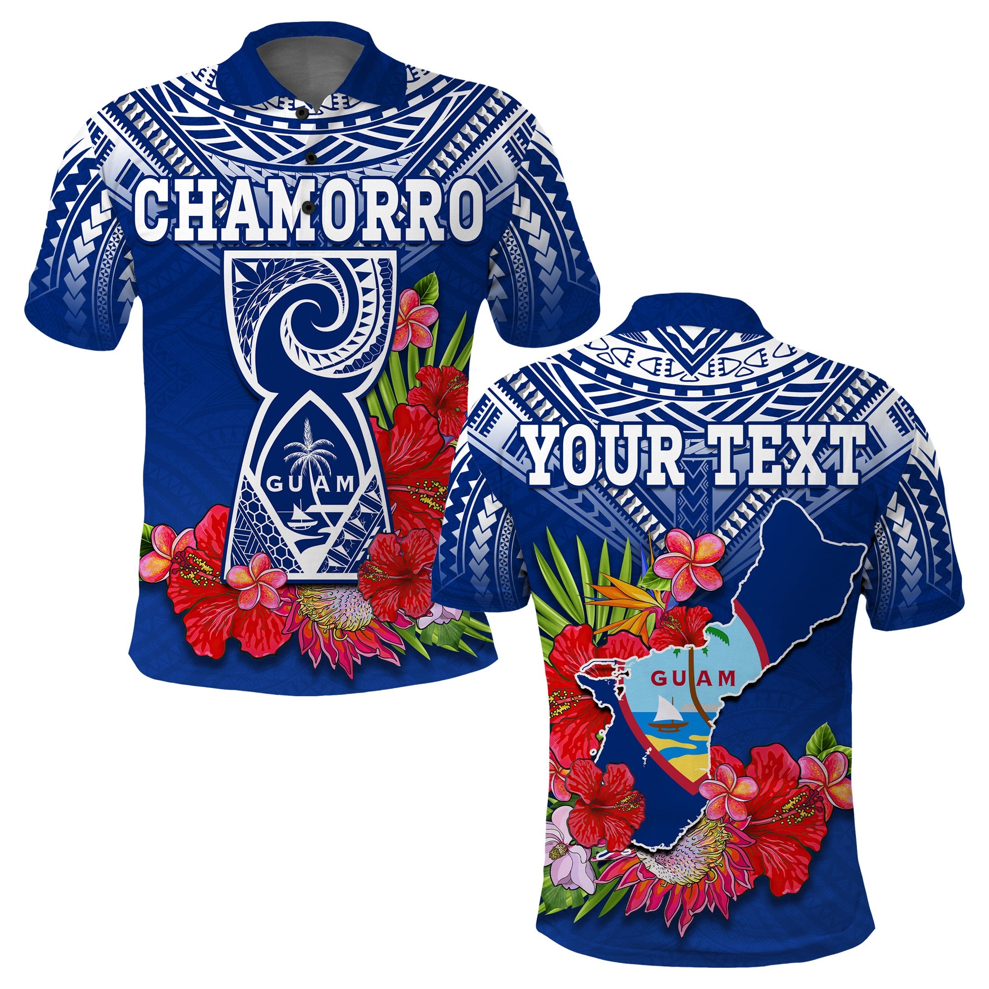 Custom Guam Chamorro Polo Shirt Guaman Latte Stone Tropical Flowers Blue Version LT14 Adult Blue - Polynesian Pride