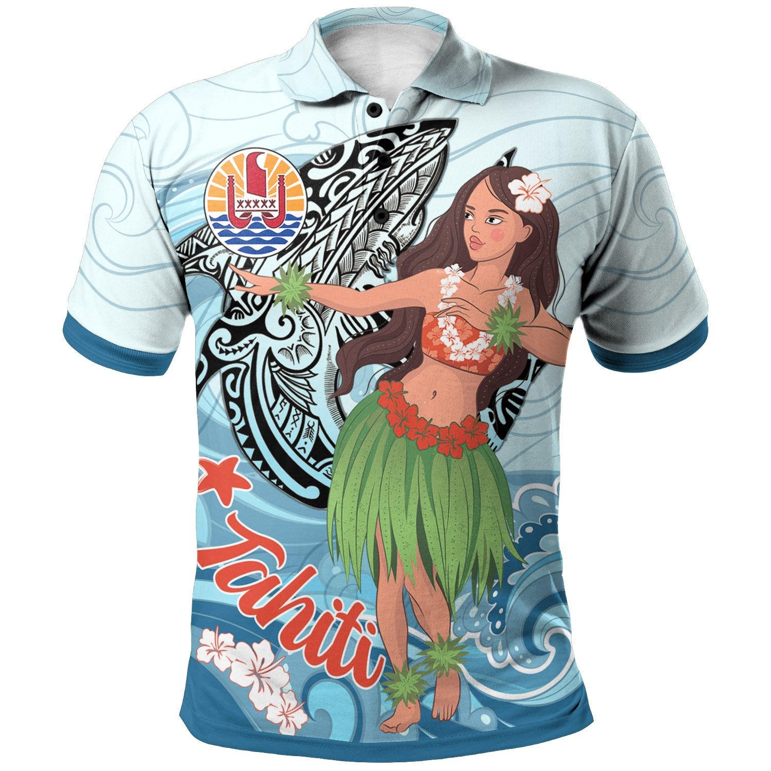 French Polynesia Polo Shirt Polynesian Girls With Shark Unisex Blue - Polynesian Pride