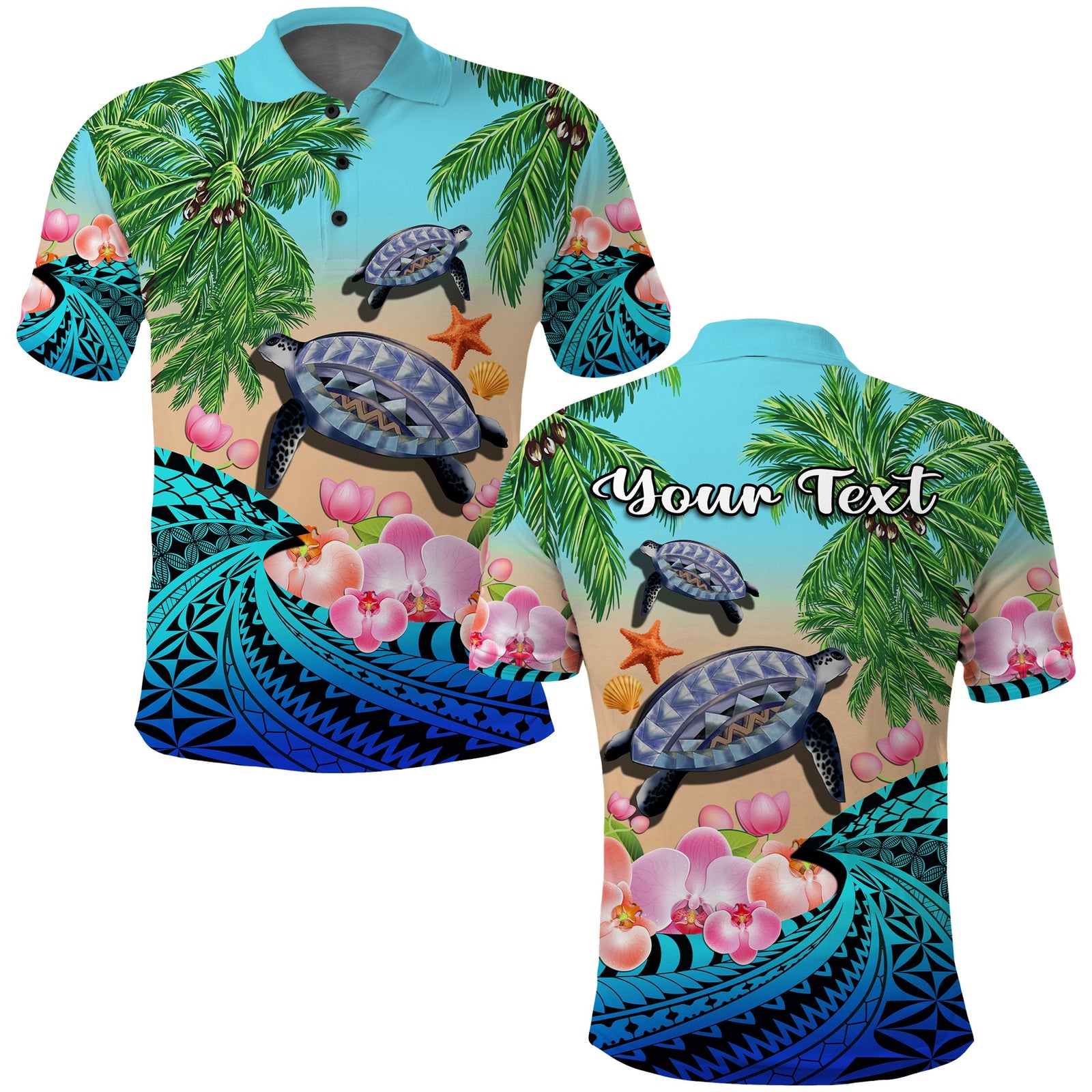 Custom Polynesian Turtle Coconut Tree and Orchids Polo Shirt LT14 Adult Blue - Polynesian Pride